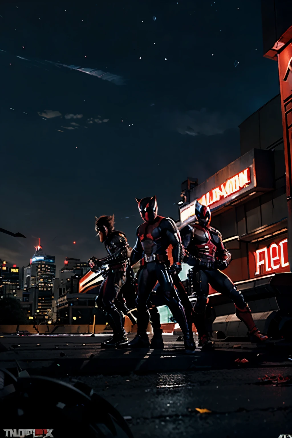 The wolverine , nightcrawler, and Deadpool in a mutant war, surrounded by sentinel prime, night time, animated, illustrate