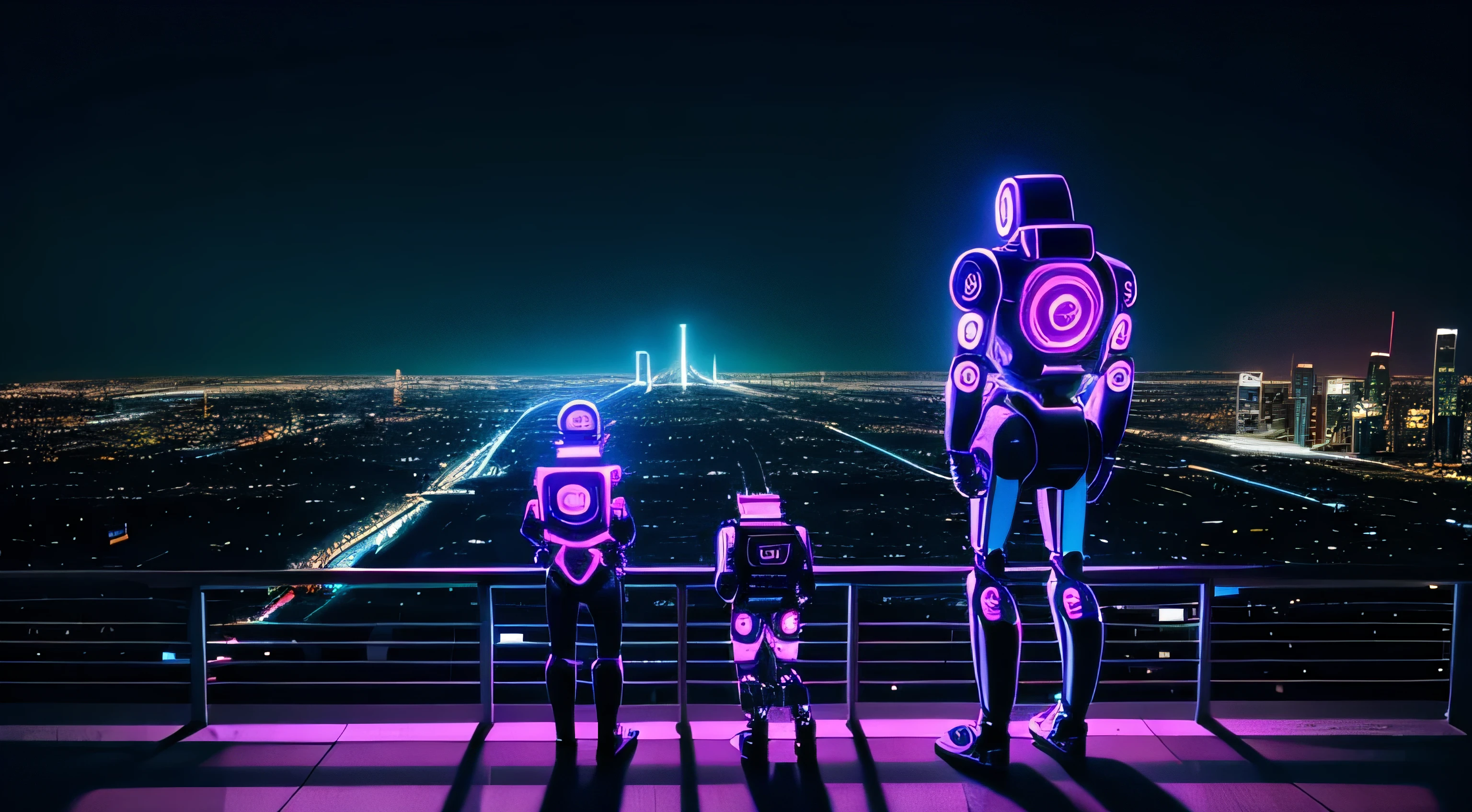 Una familia de robots mostrando la espalda viendo una ciudad a la velocidad de la luz neon
