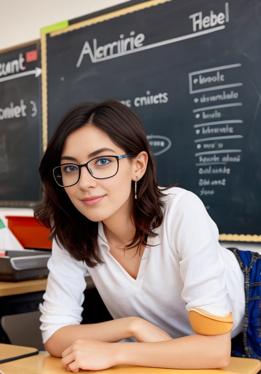 Show entire body, pan out, photorealistic, 25y.o., teacher, lying on her desk, blue eyes, classroom, wearing casual clothes, short skirt, great lighting, chalkboard, skinny, glasses, flat chest