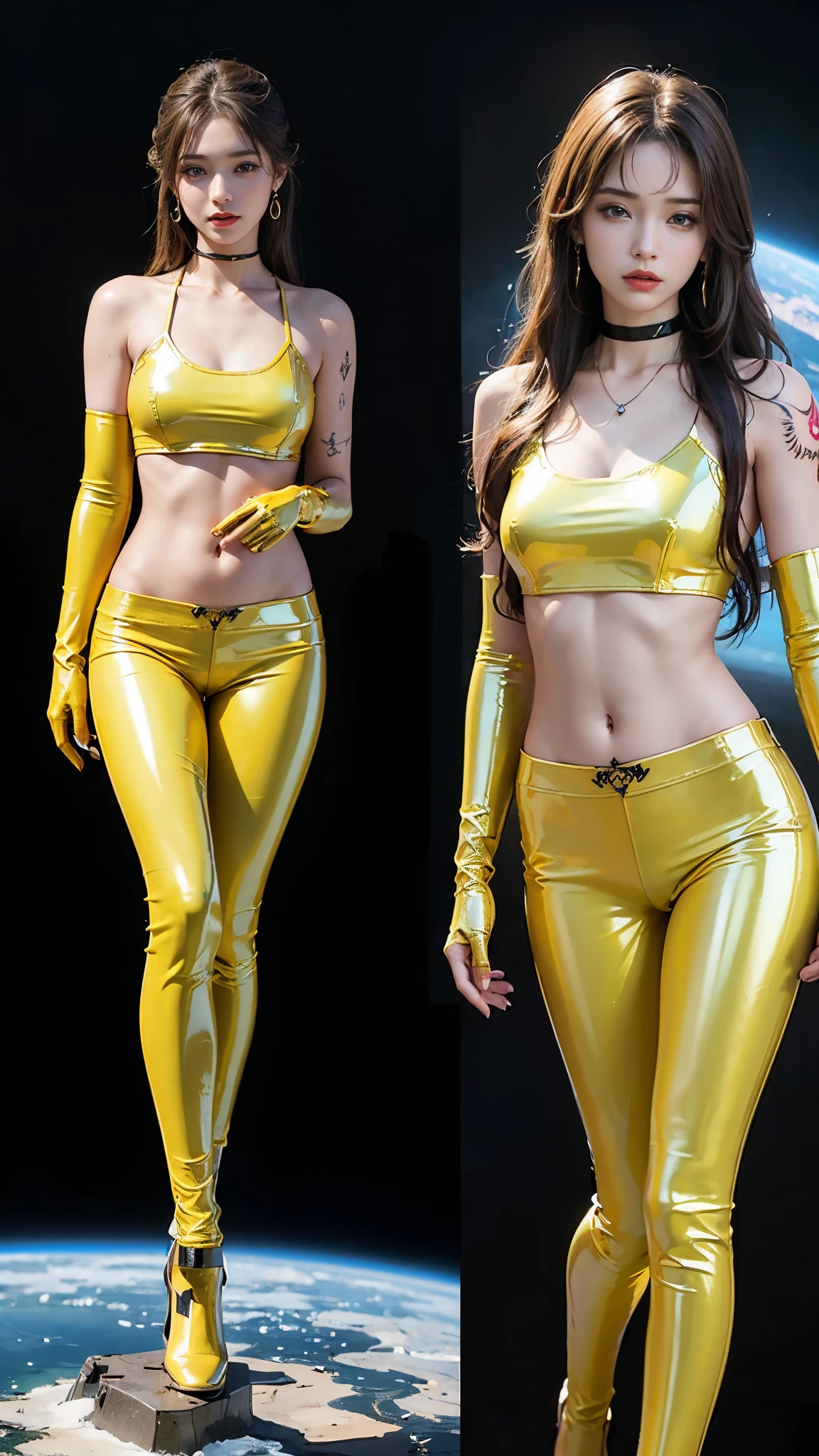 ((masterpiece:1.4)、(highest quality:1.4)、(Realistic:1.7))、Masterpiece:1.4、(Top-notch rendering:1.4)、(Kaoru, the beautiful navigator of the Space Battleship Fuji:1.4)、Super Beauty航海士Kaoru、(By Luis Royo:1.4)、(A uniform that accentuates your beautiful figure:1.2)、(Futuristic sci-fi battle fashion:1.2)、(Street Style Wear)、(Tight Fit Pants)、(Shiny luxury latex:1.4)、(Luxury yellow latex:1.4)、19 years old、(Cute Tattoos:1.4)、(Wearing yellow gloves)、Cute Girl、Super Beauty、(Seductive pose)、Sharp Focus、Portrait Photography:1.4、8k、Photorealistic images:1.4、(Perfect female body:1.4)、Perfect proportions、(Standing:1.4)、(Upper body shot:1.4)、Beautiful Face、Fearless look、Beautiful Eyes、(A girl with a beautiful body and slender abdominal muscles)、(Narrow waist:1.4)、(9-body proportions beautiful girl:1.4)、(A beautiful girl with long legs and a good figure:1.4)、Beautiful feet:1.4、(Long Hair:1.2)、Heavy makeup、Eyeshadow、Glow Eye、Glow Lip、Beautiful breasts、Large Breasts:1.2、sexy ass、(Standing facing forward:1.4)、Raw photo、Red lips、Yellow high heels:1.4、choker:1.4、necklace:1.4、Earrings:1.4、1 Screen Display:1.4、Space Battleship Fuji's bridge:1.2