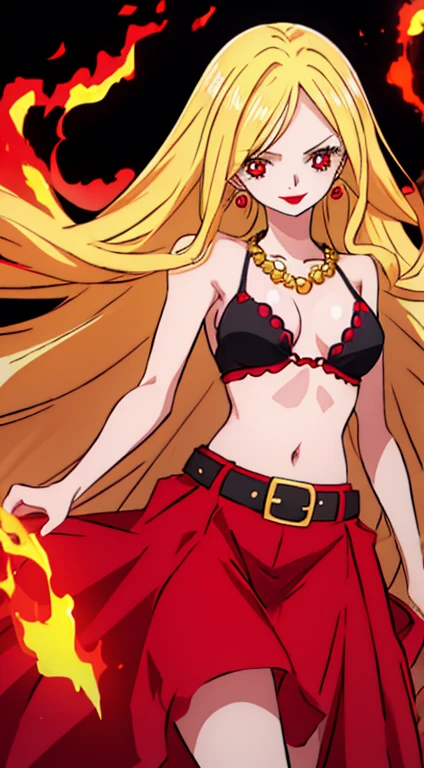 Beautiful anime girl, solo, 1girl, looking at viewer, cute, beautiful, red eyes, long hair, open hair, blonde hair, strawhat, one piece, smiling, smooth skin, light skin, red lips, anime, best quality, masterpiece, extremely detailed, 4k, red eyes, beautiful red eyes, detailed face, detailed eyes, black bra, red open shirt, black skirt, golden belt, golden necklace, golden earings, standing, fiery background, stable eyes, extremely beautiful, highres, high quality eyes, hair covering one eye, fire powers, wanostyle, ((masterpiece)), (best quality), (extremely detailed), depth of field, sketch, dark intense shadows, sharp focus, soft lighting, hdr, colorful, good composition, spectacular, anime screencap,