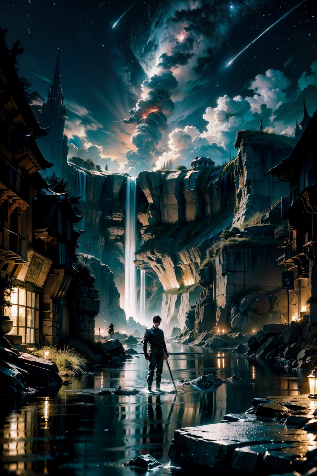 Background uses deep night sky，Dotted with stars and shooting stars，Symbolizes the vastness and mystery of the otherworldly continent。Under the night sky，You can vaguely see a winding Styx，The river water is blue，It emits a faint glow，A young man dressed in the uniform of a civil servant in the underworld。He held a sword that shone with cold light.，The gaze is firmly looking ahead，As if to meet the upcoming challenges。Color matching：The overall color is dark blue、Black and gold predominant，create a mystery、A solemn yet magical atmosphere。Dark blue represents the night sky and the River Styx，Black represents the gloom and mystery of the underworld，Gold represents the protagonist&#39;s courage and determination。Around or in the corner，You can add some decorative elements，Like clouds、flame、runes, etc，To increase the layering and visual effects of the cover。These elements should be coordinated with the overall design style，Don&#39;t be too flashy or obtrusive。