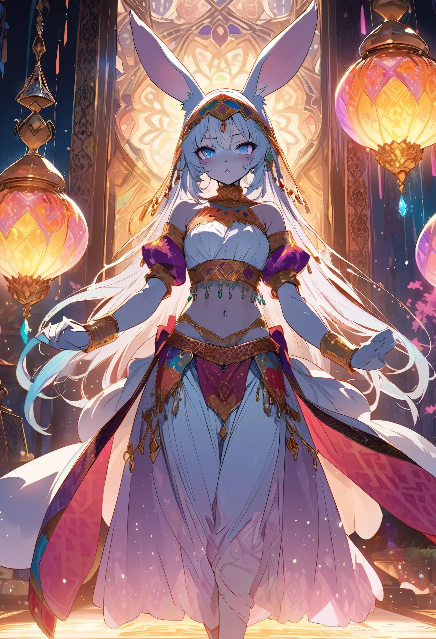 masterpiece, best quality, novel illustration, highres, 16x9 aspect ratio, turkish aesthetic, furry rabbit girl, magical world, arabian garb, exoticism, ethereal beauty, mesmerizing lamps, vibrant colors, delicate designs, rich textures, detailed patterns, lustrous shine,