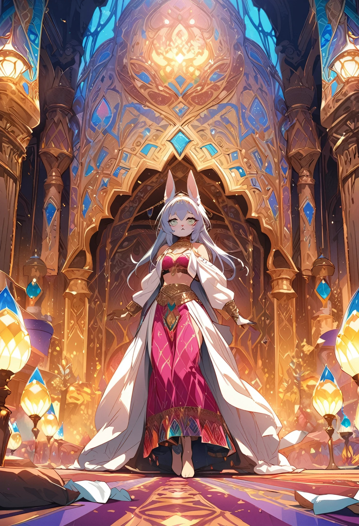masterpiece, best quality, novel illustration, highres, 16x9 aspect ratio, turkish aesthetic, furry rabbit girl, magical world, arabian garb, exoticism, ethereal beauty, mesmerizing lamps, vibrant colors, delicate designs, rich textures, detailed patterns, lustrous shine,