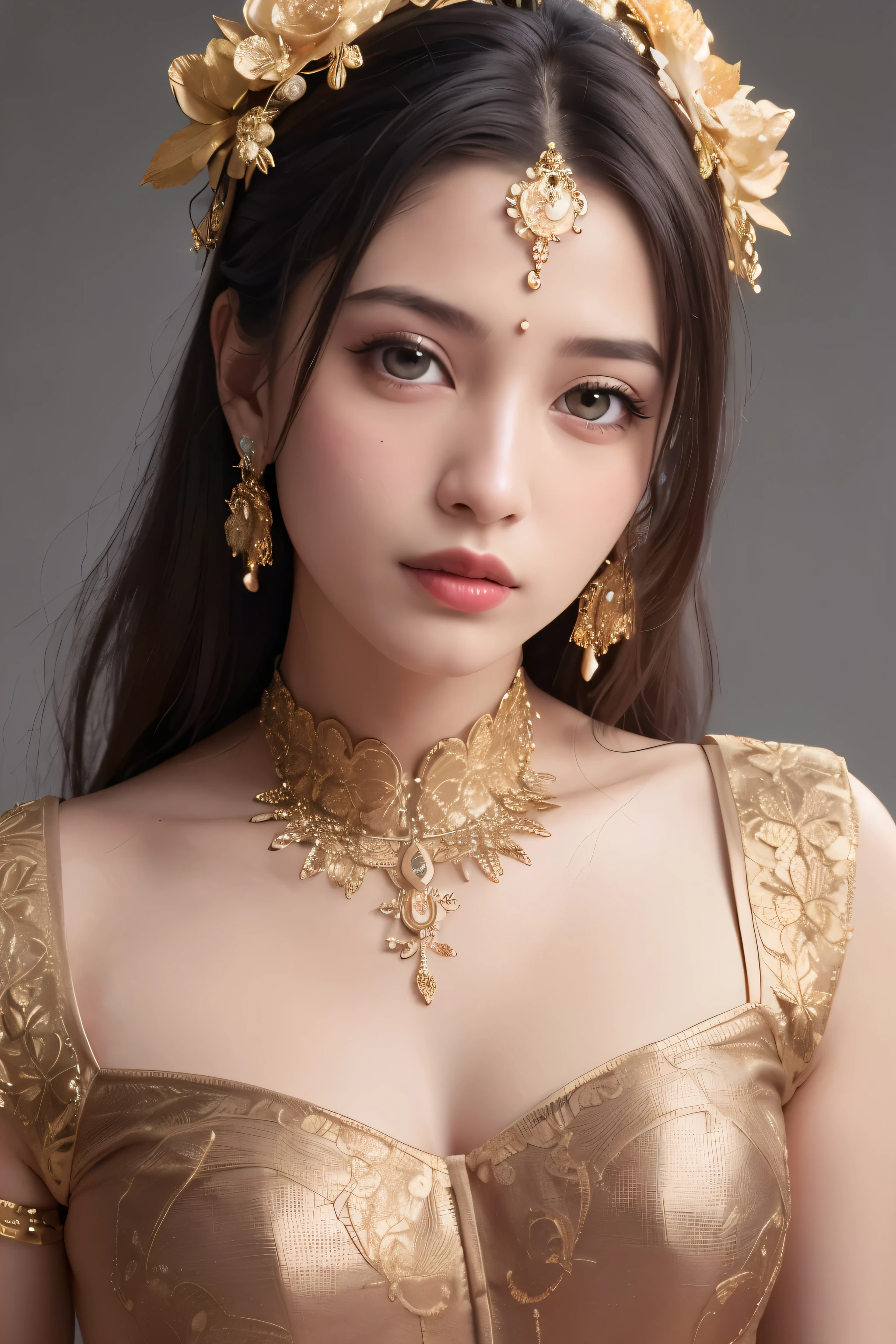 (best quality, highres, ultra-detailed, realistic:1.37), golden choli, beautiful detailed eyes, beautiful detailed lips, longeyelashes, intricate embroidery, shimmering fabric details, elaborate gold jewelry, golden bangles, graceful posture, confident expression, vibrant colors, warm lighting, glowing background