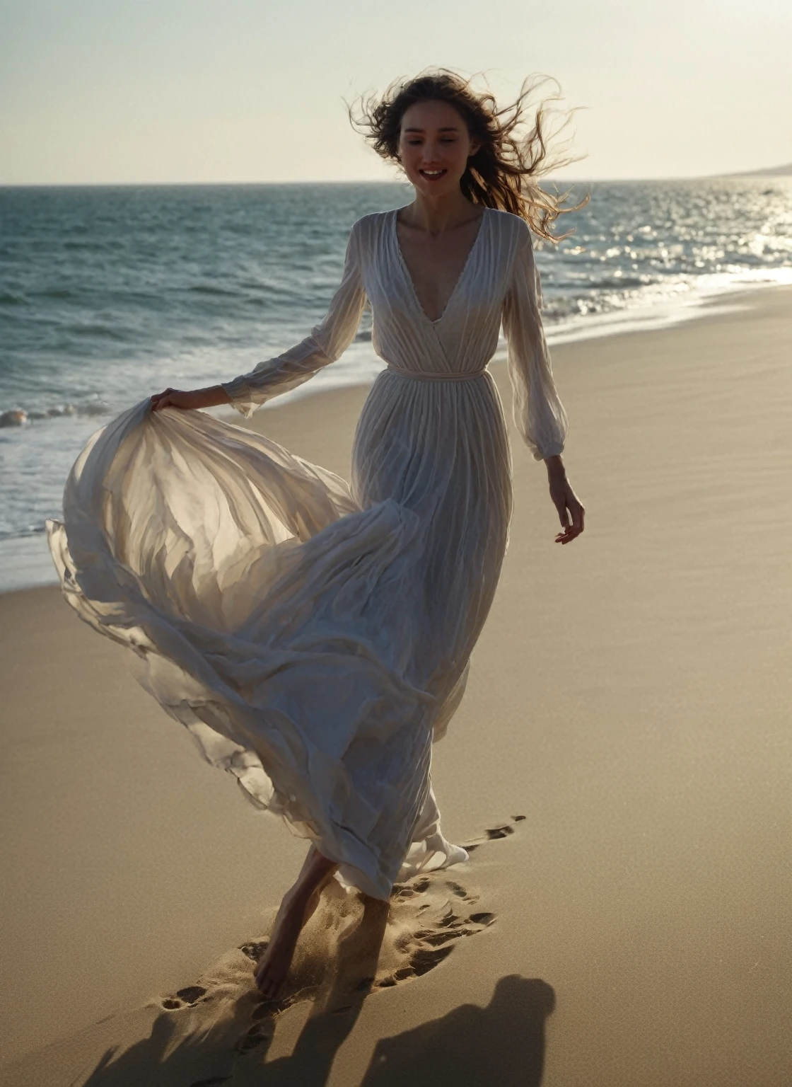 Describe the woman in a moment of graceful movement, her hair flowing in the wind as she walks elegantly along the edge of the sand and the sea in the background. Her facial features are soft and delicate, with a gentle smile on her lips and a sparkle in her eyes. Her posture is impeccable, conveying a feeling of grace and lightness.
The main character is highlighted in the center of the image, occupying most of the frame, with her body fully displayed.
The image is composed with a carefully controlled depth of field, allowing the woman to be sharply defined while the blurred background creates a sense of immersion and focus on the main subject.
The lighting is meticulously planned to highlight the details of the character's body, creating dramatic contrasts between light and shadow that add a sense of depth and texture to the image.
Every detail of the scene is carefully captured, revealing its luxurious texture and enhancing its beauty and power.
The background of the image is made up of natural elements that complement the woman's imposing presence.
Camera Type: Professional high-resolution DSLR camera.
Lens: A high-quality wide-angle lens to capture a woman's entire body in a single image.
Lens Focal Length: Approximately 35mm to capture a wide, immersive perspective of the scene.
Aperture: Set to f/4 to ensure enough depth of field to keep the character fully in focus, while creating a slight blur in the background.
ISO: Adjusted to 100 to ensure a sharp, high-quality image. Experiment with light and shadow techniques to create a sense of volume and depth in the figure and elements of the scene, taking inspiration from the classic techniques of Renaissance masters.
Pay attention to the anatomical and facial details of the central figure, capturing the delicacy of his features and the calm expression on his face.
Shutter Speed: Fast enough to freeze any movement of the woman, for example 1/500 second.
White Balance: Configured for the specific lighting condition