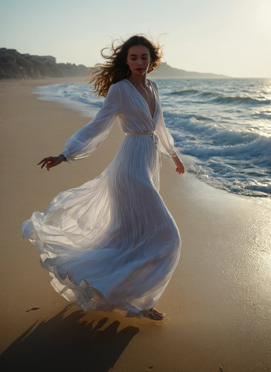 Describe the woman in a moment of graceful movement, her hair flowing in the wind as she walks elegantly along the edge of the sand and the sea in the background. Her facial features are soft and delicate, with a gentle smile on her lips and a sparkle in her eyes. Her posture is impeccable, conveying a feeling of grace and lightness.
The main character is highlighted in the center of the image, occupying most of the frame, with her body fully displayed.
The image is composed with a carefully controlled depth of field, allowing the woman to be sharply defined while the blurred background creates a sense of immersion and focus on the main subject.
The lighting is meticulously planned to highlight the details of the character's body, creating dramatic contrasts between light and shadow that add a sense of depth and texture to the image.
Every detail of the scene is carefully captured, revealing its luxurious texture and enhancing its beauty and power.
The background of the image is made up of natural elements that complement the woman's imposing presence.
Camera Type: Professional high-resolution DSLR camera.
Lens: A high-quality wide-angle lens to capture a woman's entire body in a single image.
Lens Focal Length: Approximately 35mm to capture a wide, immersive perspective of the scene.
Aperture: Set to f/4 to ensure enough depth of field to keep the character fully in focus, while creating a slight blur in the background.
ISO: Adjusted to 100 to ensure a sharp, high-quality image. Experiment with light and shadow techniques to create a sense of volume and depth in the figure and elements of the scene, taking inspiration from the classic techniques of Renaissance masters.
Pay attention to the anatomical and facial details of the central figure, capturing the delicacy of his features and the calm expression on his face.
Shutter Speed: Fast enough to freeze any movement of the woman, for example 1/500 second.
White Balance: Configured for the specific lighting condition