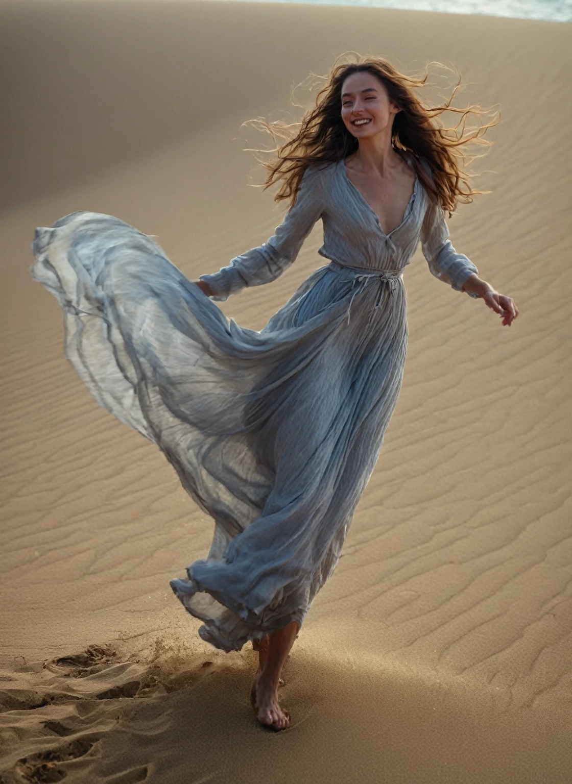 Describe the woman in a moment of graceful movement, her hair flowing in the wind as she walks elegantly along the edge of the sand and the sea in the background. Her facial features are soft and delicate, with a gentle smile on her lips and a sparkle in her eyes. Her posture is impeccable, conveying a feeling of grace and lightness.
The main character is highlighted in the center of the image, occupying most of the frame, with her body fully displayed.
The image is composed with a carefully controlled depth of field, allowing the woman to be sharply defined while the blurred background creates a sense of immersion and focus on the main subject.
The lighting is meticulously planned to highlight the details of the character's body, creating dramatic contrasts between light and shadow that add a sense of depth and texture to the image.
Every detail of the scene is carefully captured, revealing its luxurious texture and enhancing its beauty and power.
The background of the image is made up of natural elements that complement the woman's imposing presence.
Camera Type: Professional high-resolution DSLR camera.
Lens: A high-quality wide-angle lens to capture a woman's entire body in a single image.
Lens Focal Length: Approximately 35mm to capture a wide, immersive perspective of the scene.
Aperture: Set to f/4 to ensure enough depth of field to keep the character fully in focus, while creating a slight blur in the background.
ISO: Adjusted to 100 to ensure a sharp, high-quality image. Experiment with light and shadow techniques to create a sense of volume and depth in the figure and elements of the scene, taking inspiration from the classic techniques of Renaissance masters.
Pay attention to the anatomical and facial details of the central figure, capturing the delicacy of his features and the calm expression on his face.
Shutter Speed: Fast enough to freeze any movement of the woman, for example 1/500 second.
White Balance: Configured for the specific lighting condition