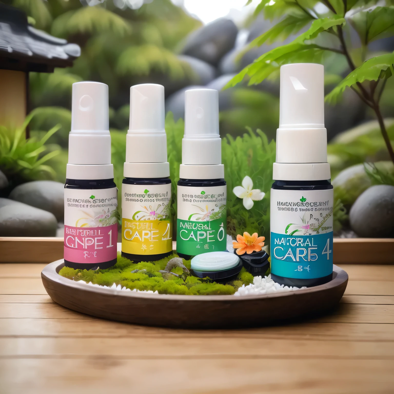 three bottles of natural care products sitting on a tray with moss, professional product shot, product photo, clean face and body skin, professional product photo, commercial product photography, japanese collection product, products shot, official product image, “hyper realistic, full product shot, professional product photography, foto, product introduction photo, miniature product photo, product photography, 4l