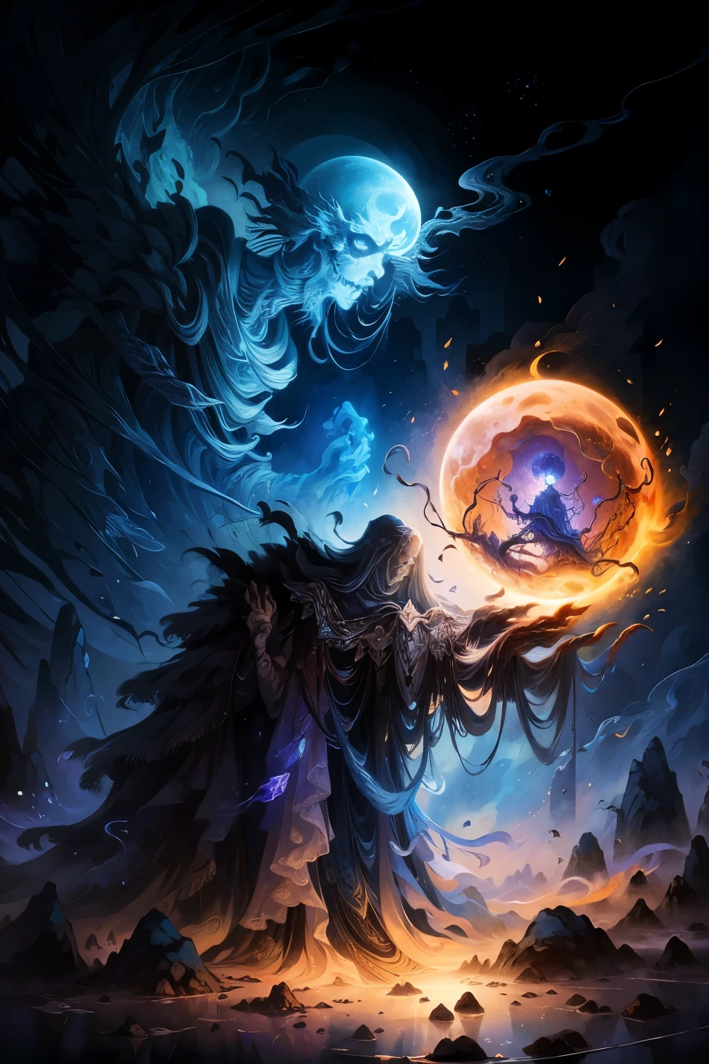 In this surreal digital painting, envision a vast expanse of swirling colors and dreamlike forms. Luminous orbs of fire, each the size of a moon, hover amidst wisps of smoky mist, casting an otherworldly glow upon the landscape below.
Gigantic goblin structures made of crystal and bone tower above the mist, their grotesque features etched with intricate patterns that seem to shift and change with each passing moment. Bridges of shimmering webs connect these structures, leading to hidden realms beyond.
At the heart of the painting, the Skeleton King sits on his throne, his bony hands gripping the arms firmly. A large,
