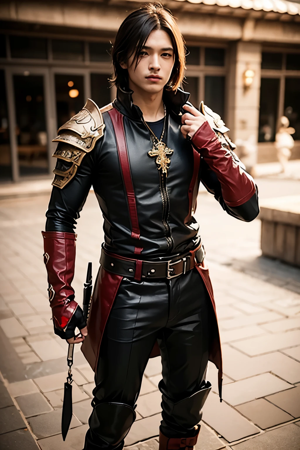 ((best quality)), ((masterpiece)), (detailed), Male Dnd assassin-druid build. Black and crimson color scheme with leather fashion.