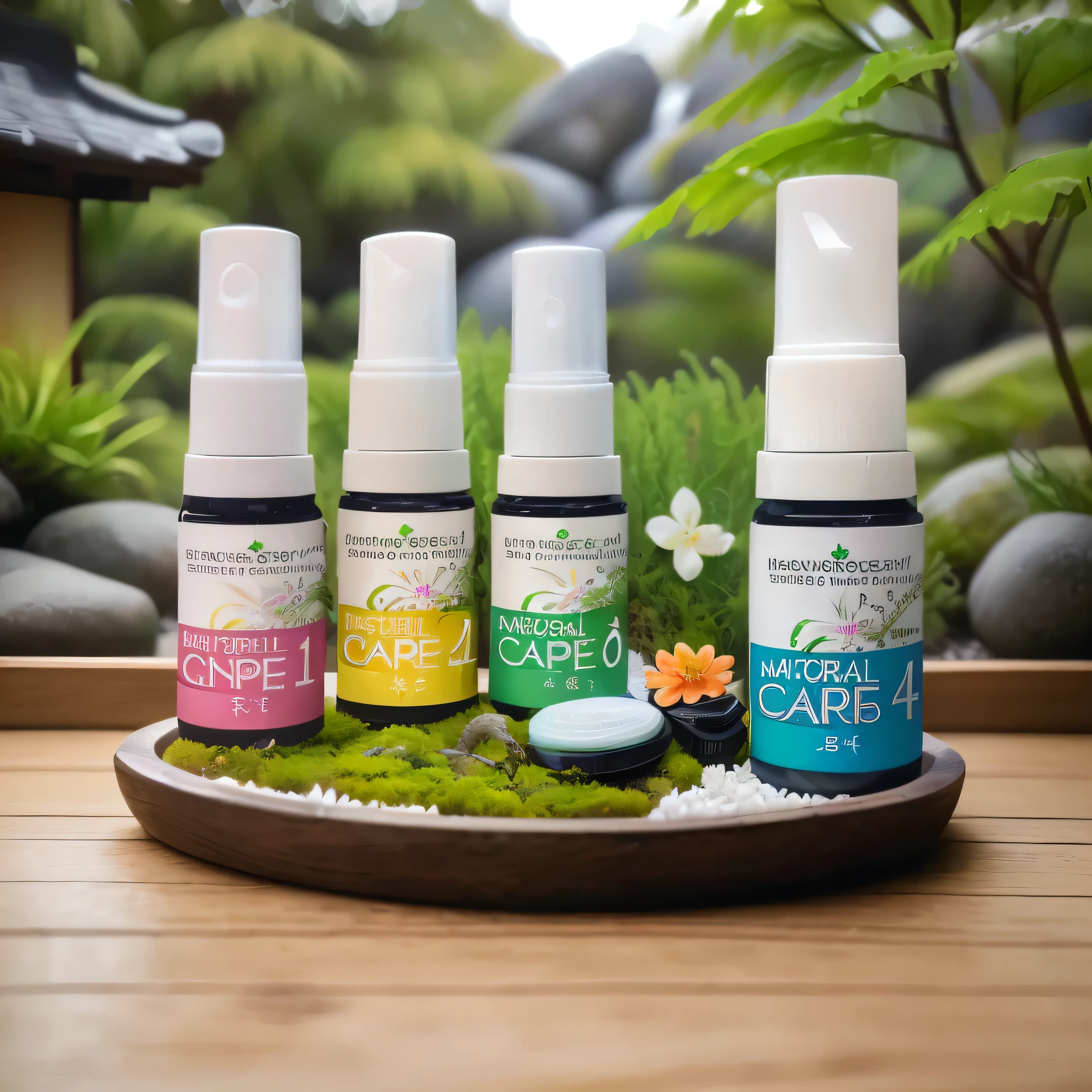 three bottles of natural care products sitting on a tray with moss, professional product shot, product photo, clean face and body skin, professional product photo, commercial product photography, japanese collection product, products shot, official product image, “hyper realistic, full product shot, professional product photography, foto, product introduction photo, miniature product photo, product photography, 4l