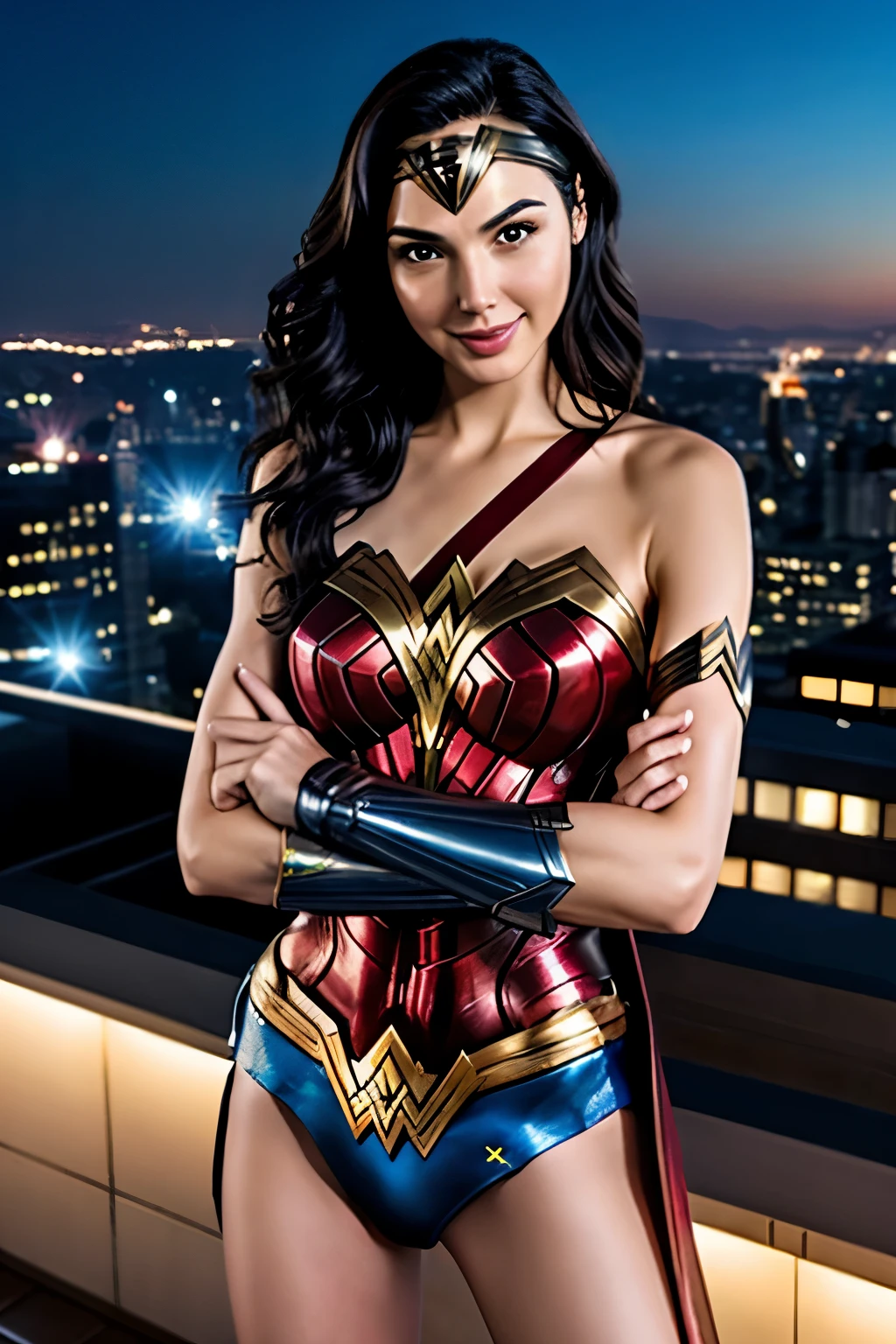 Gal Gadot、Wonder Woman、Smiling with teeth showing、Crossed Arms、Sexy Body、On the rooftop of a high-rise building with a night view