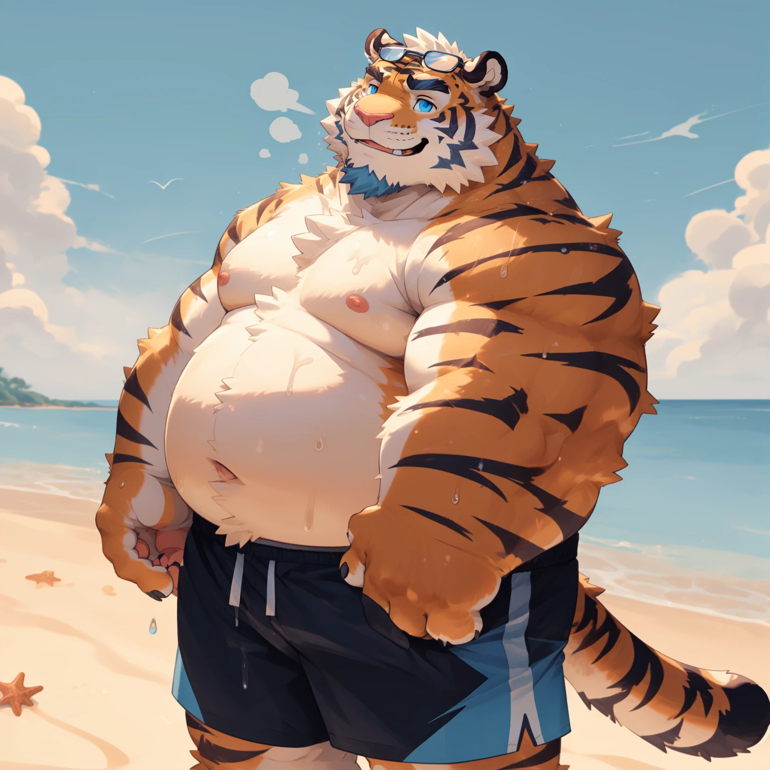 New Jersey 5 Furry,Tiger，portrait，Exquisite， Chubby，Fat，Thick arms，Rugged muscles，Topless，Plush fur，Chubby脸，Black eyebrows，Sky blue eyes，Beard，穿着shorts，beach，Sunglasses on the forehead，shorts，Sweating，Smile