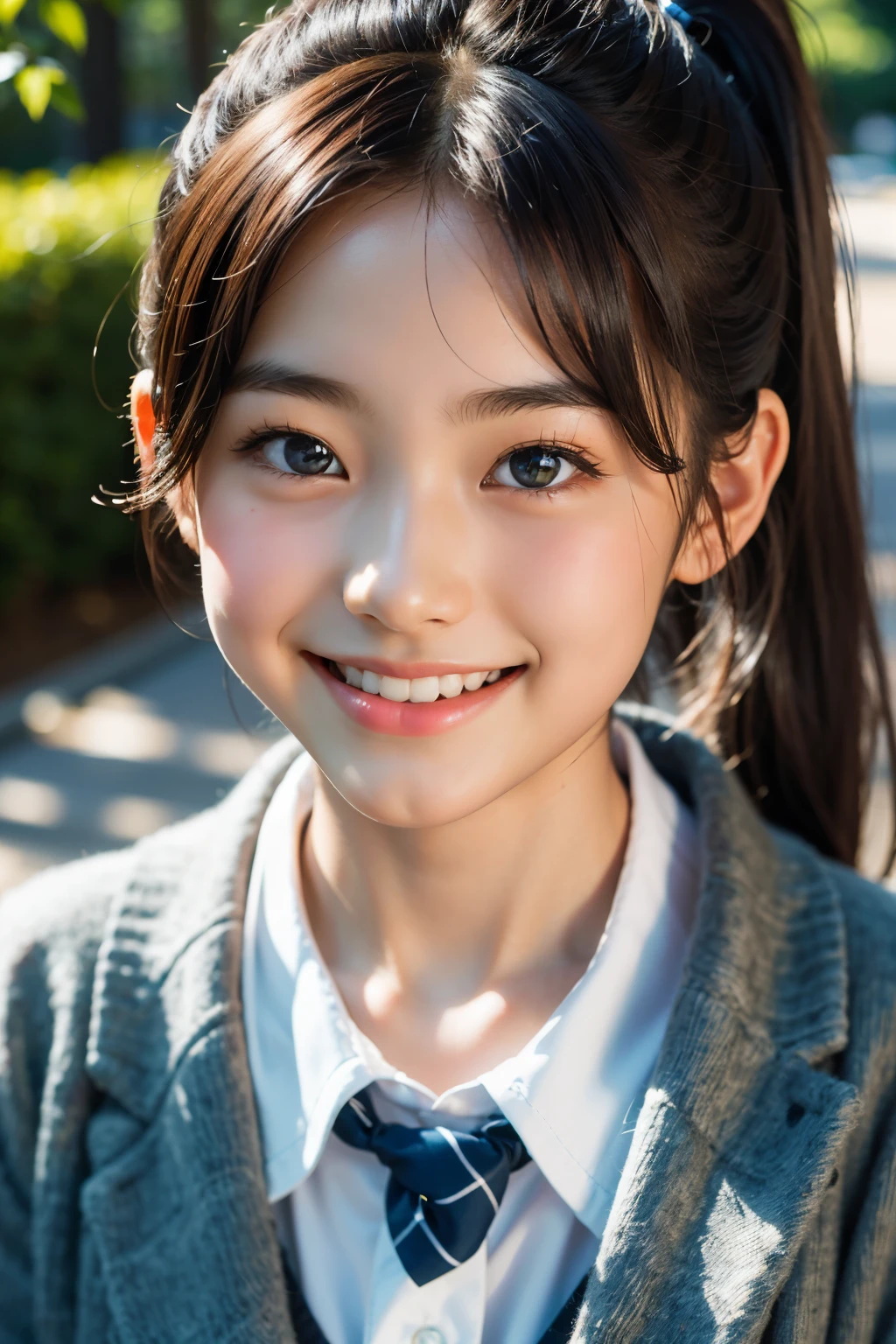 Lens: 135mm f1.8, (highest quality),(RAW Photos), (Tabletop:1.1), (Beautiful 14 year old Japanese girl), Cute face, (Deeply chiseled face:0.7), (freckles:0.6), dappled sunlight, Dramatic lighting, (Japanese School Uniform), (On campus), shy, ponytail, (Close-up shot:1.2), (smile),, (Sparkling eyes)、(sunlight),