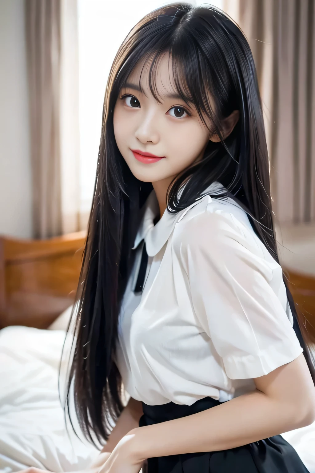 masterpiece, best quality, high resolution, extremely detailed photography, Professional lighting, The camera focuses on the frictionless black hair covering the body。Long black straight hair with a lot of volume,Friction-free hair,Hair is very smooth。The black and shiny hair lying on the bed rushed towards the camera,Black Hair, Straight hair one meter long,smooth hair,Lots of hair,Hair strands are clearly visible,The hair spreads out like a fan,A fair woman poses for a photo, Realistic young photo idol, She is about , White shirt, Twitch Live, fair16 years oldo Dancer, Suki, big collar, fair,Ian Haigh, so cute, Kawaii,The girl in a white short-sleeved JK skirt lies on her lush, smooth long hair