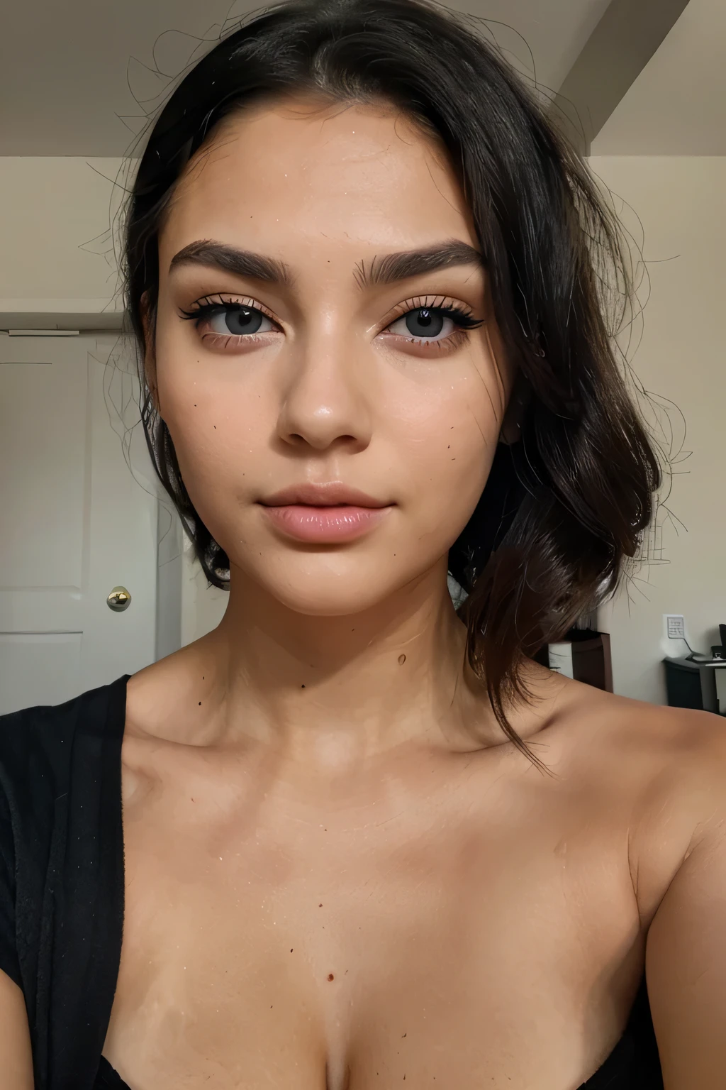 beautiful woman with a thin face with trimmed eyebrows and makeup around her eyes, a little tanned and with blue eyes and black hair with big luscious lips looking at the camera