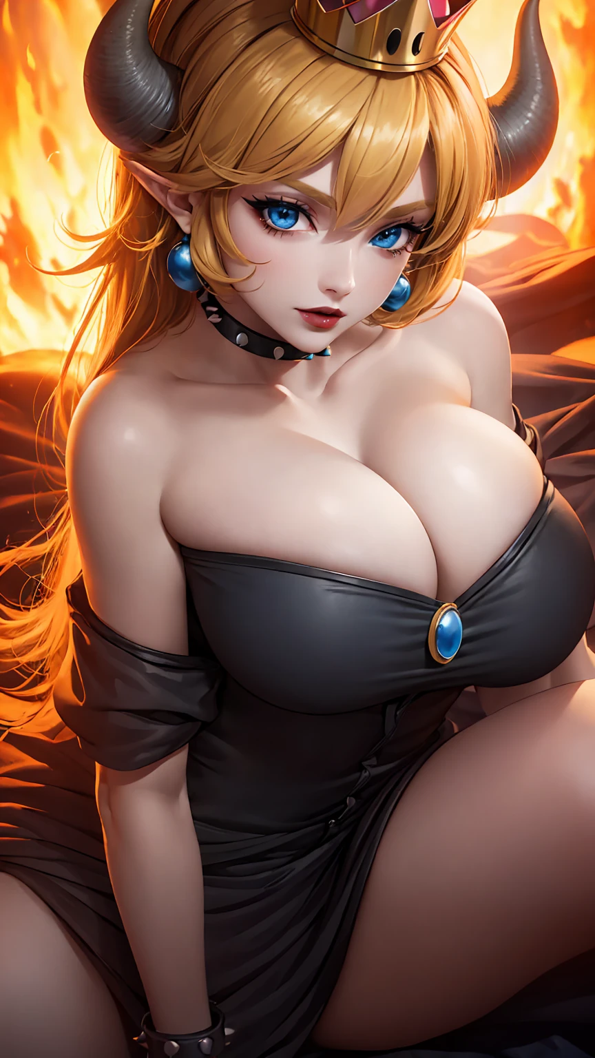 ((high detailed, best quality, 4k, masterpiece, hd:1.3)), ((best quality)), (((HD))), (((8k))), (ultraDH), (ultra HD), Princess Daisy, blue eyes, BREAK blue eyes, seductive, attractive, smooth anime cg art, 36C breasts, long legs, vivid colors, detailed digital art, slim body, perfect skin, dark blonde hair, long hair, blonde hair, blonde hair, BREAK crown, cleavage, 36C cleavage, looking at viewer, BREAK looking at viewer, extremely detailed face, red santa suit, red santa claus suit, santa claus suit, earrings, gem, dark black makeup lips, dark gothic eyeshadows, dark eyeshadows, black eyeshadows, black sexy lips, black lips, (dark:1.2), dark lips, very dark lips, (perfect hands, perfect anatomy), black makeup, black medium lips, black thick lips, detailed fingers, five fingers per hand, 5 fingers, (1 girl), detailed lips, detailed black lips, black painted lips, gothic painted lips, BREAK night, night sky, (breast focus), (arms outstreched:1.2), (from above:1.1), (breasts out:1.3), (off shoulder:1.1), (white horns), (bra), inside a lava castle, she inside a sea of lava, she bathing in lava, (((busty pornstar)))