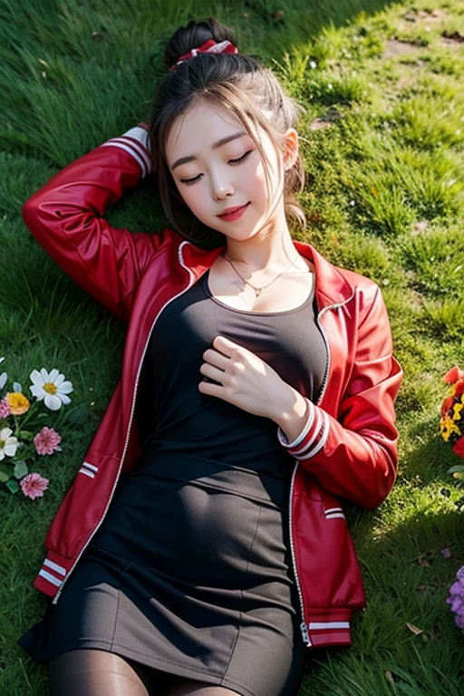 masterpiece, highest quality, Phemonica, Hair Bun, Braiding, Red Bow, Black jacket, Black Skirt, Red Pantyhose, Upper Body, From above, Sleeping on your back, Grass, View your viewers, tired, smile, garden