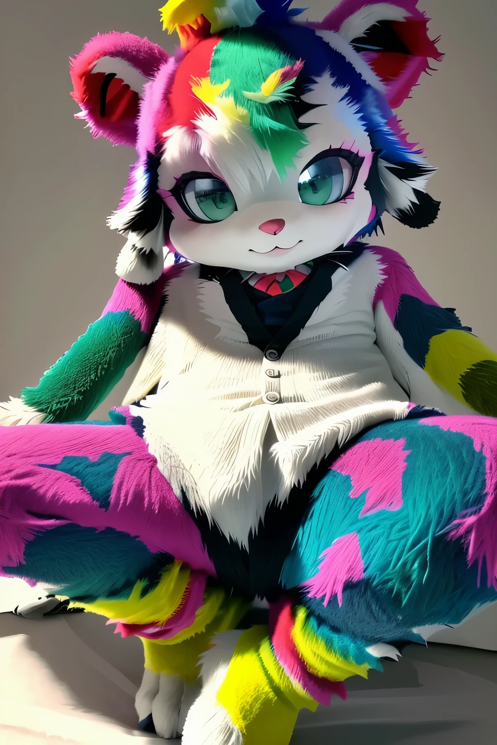 (8k, best quality, masterpiece:1.1), (surreal, dreamlike:1.4), enigmatic clown, twilight carnival, gloomy backdrop, neon-painted grin, worn map peeking out from tattered tunic sleeve, intriguing trinket clutched in paw, tear glinting in his eerie, glowing eye, detailed red and green stripes, elongated socks with fluffy balls, weathered shoes with multicolored laces, mismatched buttons on tunic, wild and unruly hair, dark circles under eyes, captivating gaze, discreet yet alluring makeup, hints of a capt