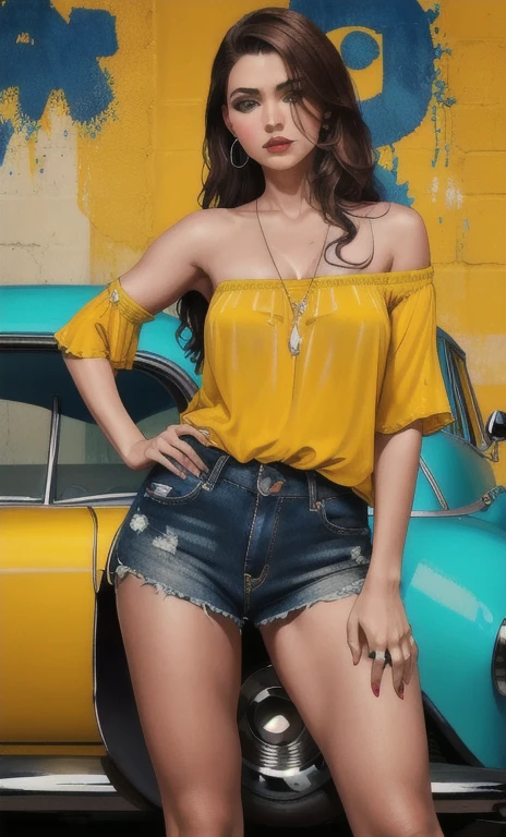 uma mulher com roupas coloridas e fones de ouvido, no estilo de detalhes fotorrealistas, americano, retratos fotograficamente detalhados, airbrush art, classic americano cars, dark amber and blue, amarelo e vermelho