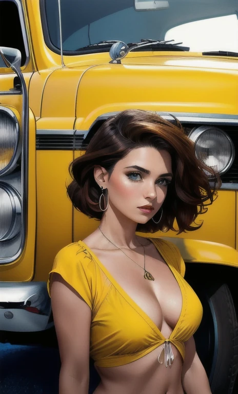 uma mulher com roupas coloridas e fones de ouvido, no estilo de detalhes fotorrealistas, americano, retratos fotograficamente detalhados, airbrush art, classic americano cars, dark amber and blue, amarelo e vermelho