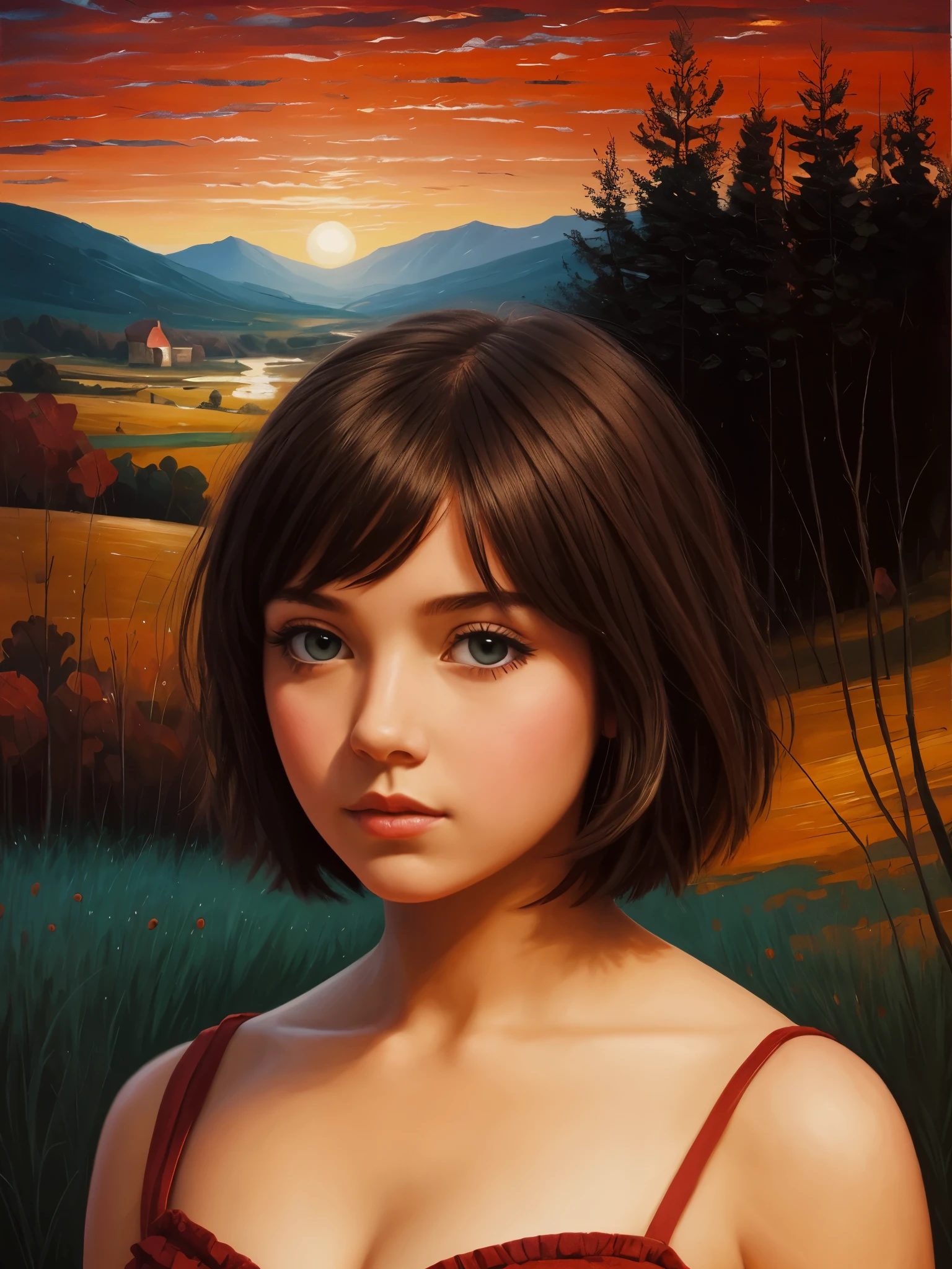 [[(front full portrait:1girl (solo) with big eyes and a short hair oblique bob, apple)((Titian Vecellio style))])):20]/[background: landscape
 Renaissance, old canva, (scarlet sunset), ((landscape style Alexey Savrasov))]/[very colorful,((oil painting palette knife))((masterpiece)),((highest detail))]]