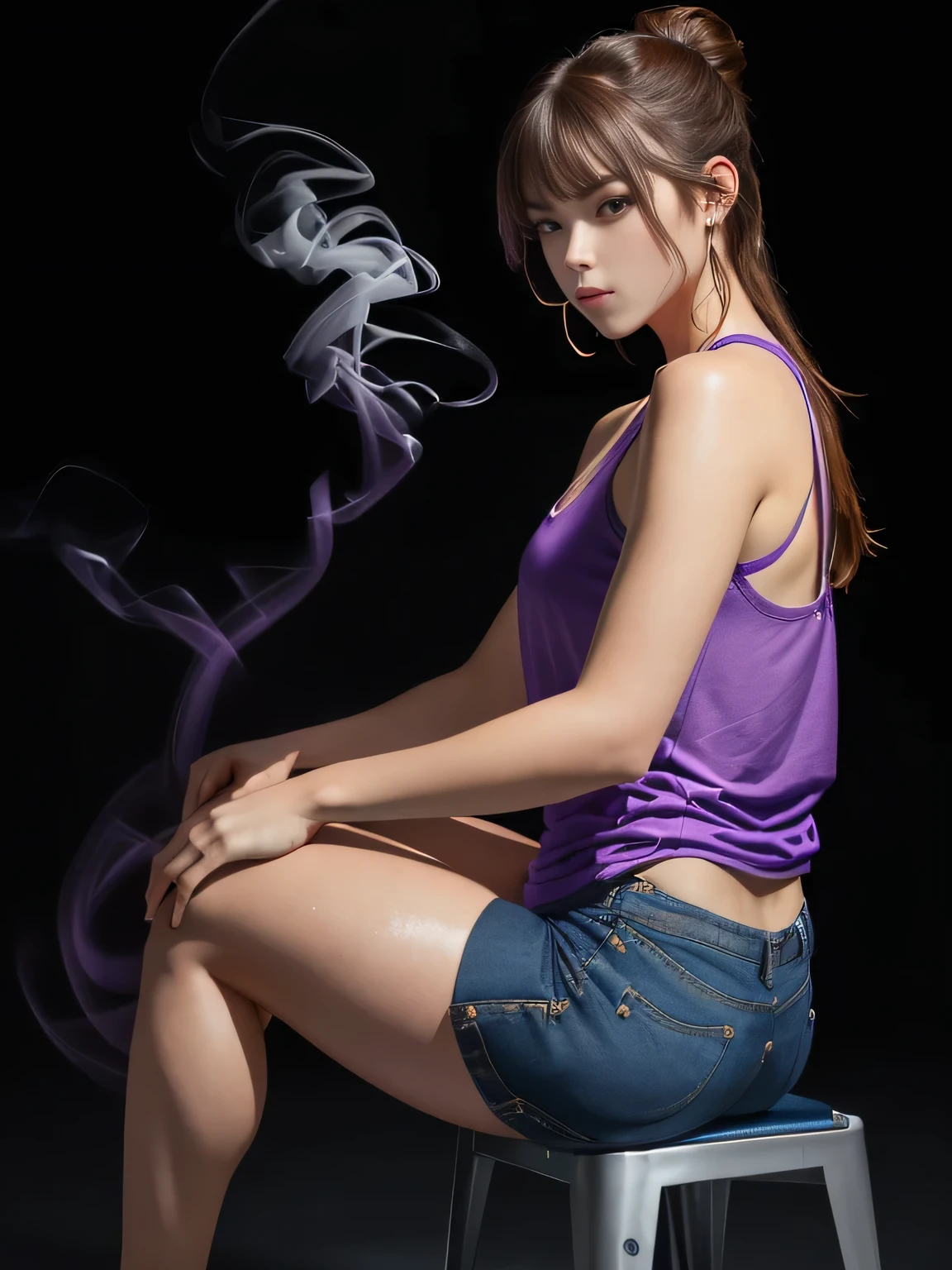 there is a woman sitting on a stool with a purple shirt, squatting pose, sitting on bent knees, photo from the back, squatting, side pose, forward facing pose, leg and hip shot, squatting down next to a pool, from the side, smoking with squat down pose, shoulder in front pose, armfold pose!, woman posing