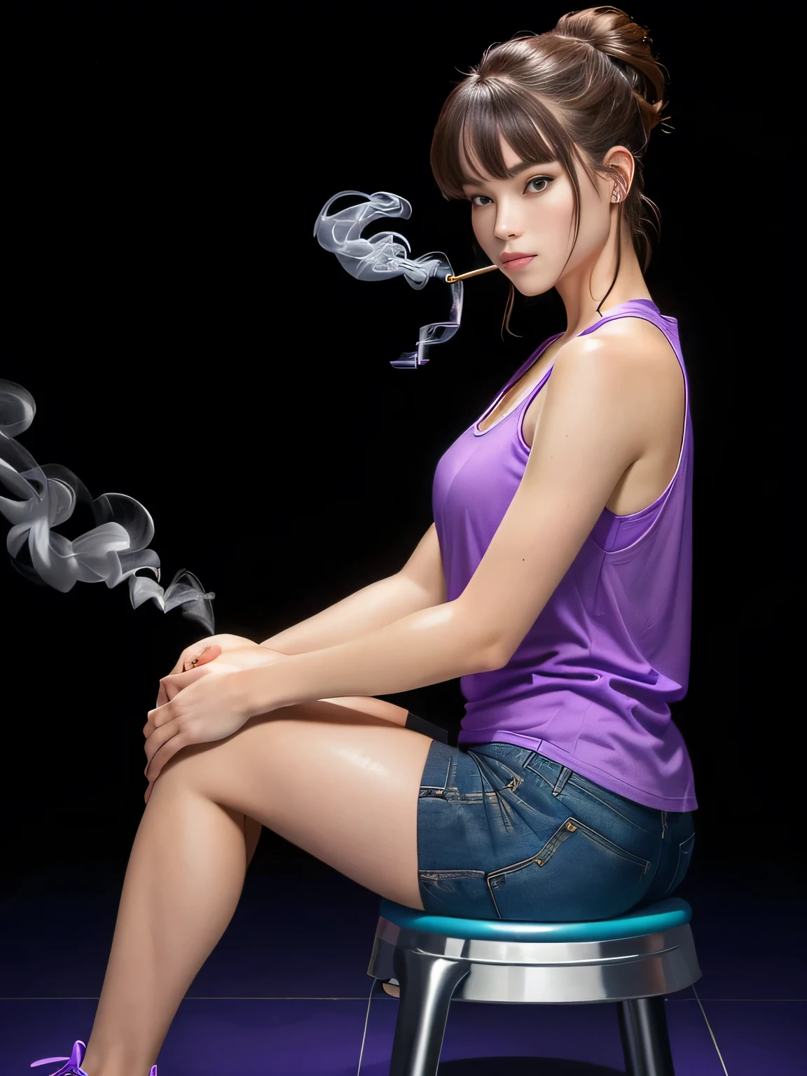 there is a woman sitting on a stool with a purple shirt, squatting pose, sitting on bent knees, photo from the back, squatting, side pose, forward facing pose, leg and hip shot, squatting down next to a pool, from the side, smoking with squat down pose, shoulder in front pose, armfold pose!, woman posing