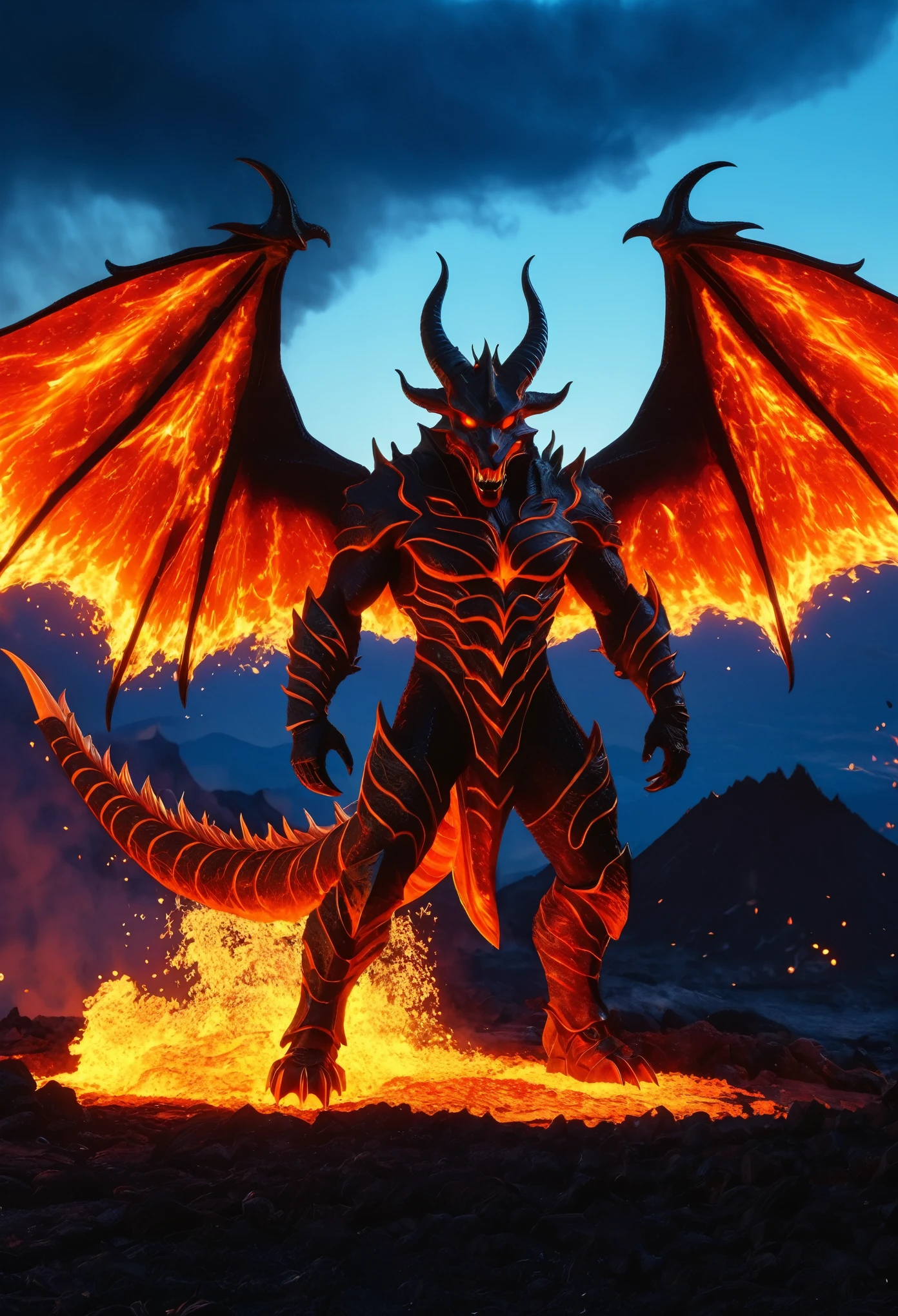 Lava Demon,\(conceptual design\),Half of the devil is made up of magma,Smooth transition,(luminescent),Low light,masterpiece,The finest details,8k,Clear focus,Ray Tracing,Bat wings, buffalo horns, dragon tails, flamethrowers, ready for battle,Volcano background, sky, volcanic ash, realistic style, Kodak photography