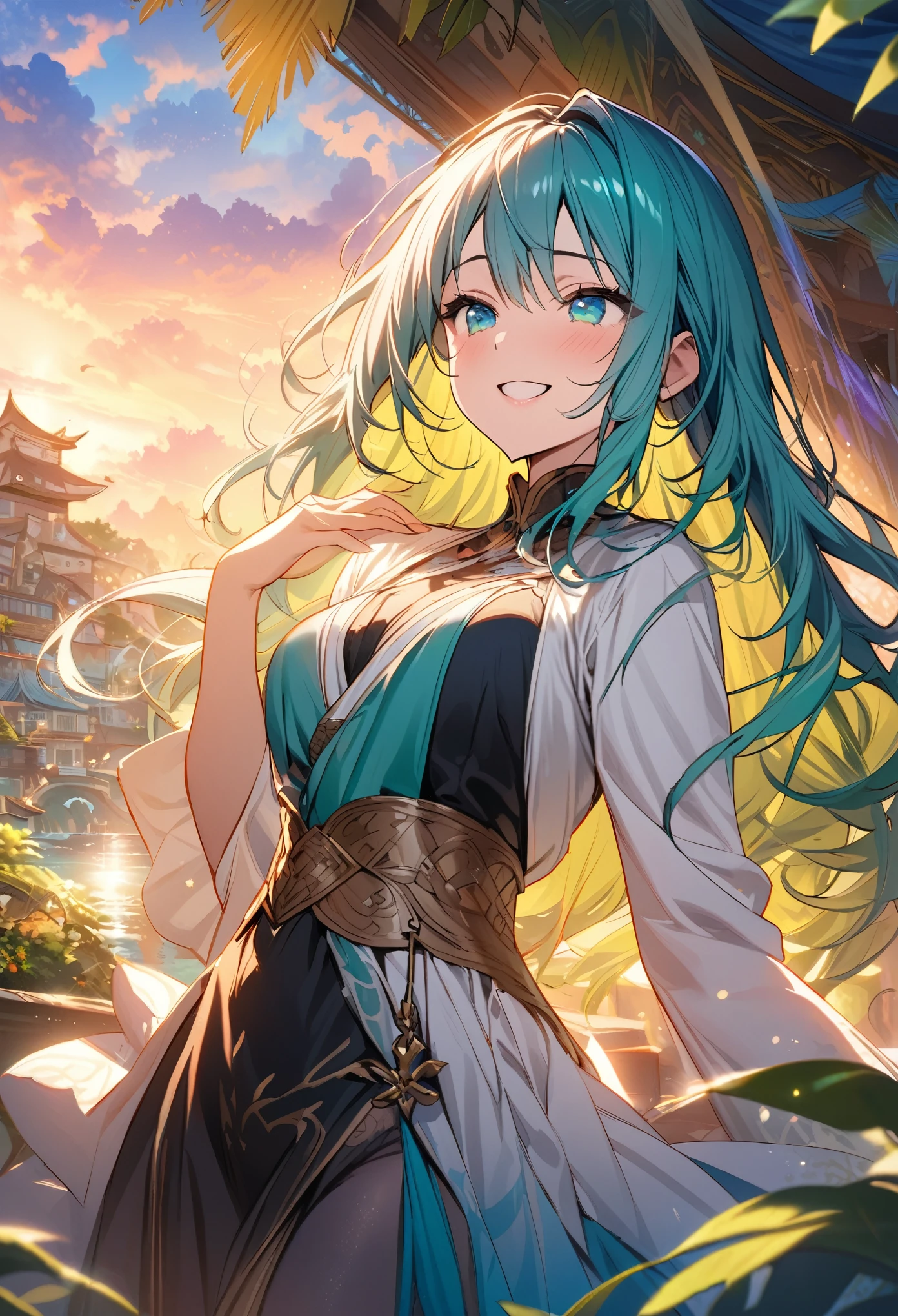 masterpiece, best quality, novel illustration, highres,
characters in dynamic poses, expressive emotions,
tone inspired by oriental culture, exotic settings,
vibrant colors, rich textures,
romantic tension between characters, sensual touches,
closeup of the heroine's smile, her eyes glistening with excitement,
wonderful lighting effects, capturing light and shadow,
innovative composition, breaking boundaries,
bringing out the best in each character,
striking visual impact, making an unforgettable impression,
lush background filled with details that bring the scene to life,
background consists of stunning turquoise waters, lush greenery, and colorful buildings,
golden sunsets, shimmering silver sands,
this story will surely entice readers with its fascinating plot and beautiful imagery,
unforgettable, breathtaking, enchanting, magical,
a masterpiece that captures the essence of love and desire,
making every reader dream about this world and wanting more.