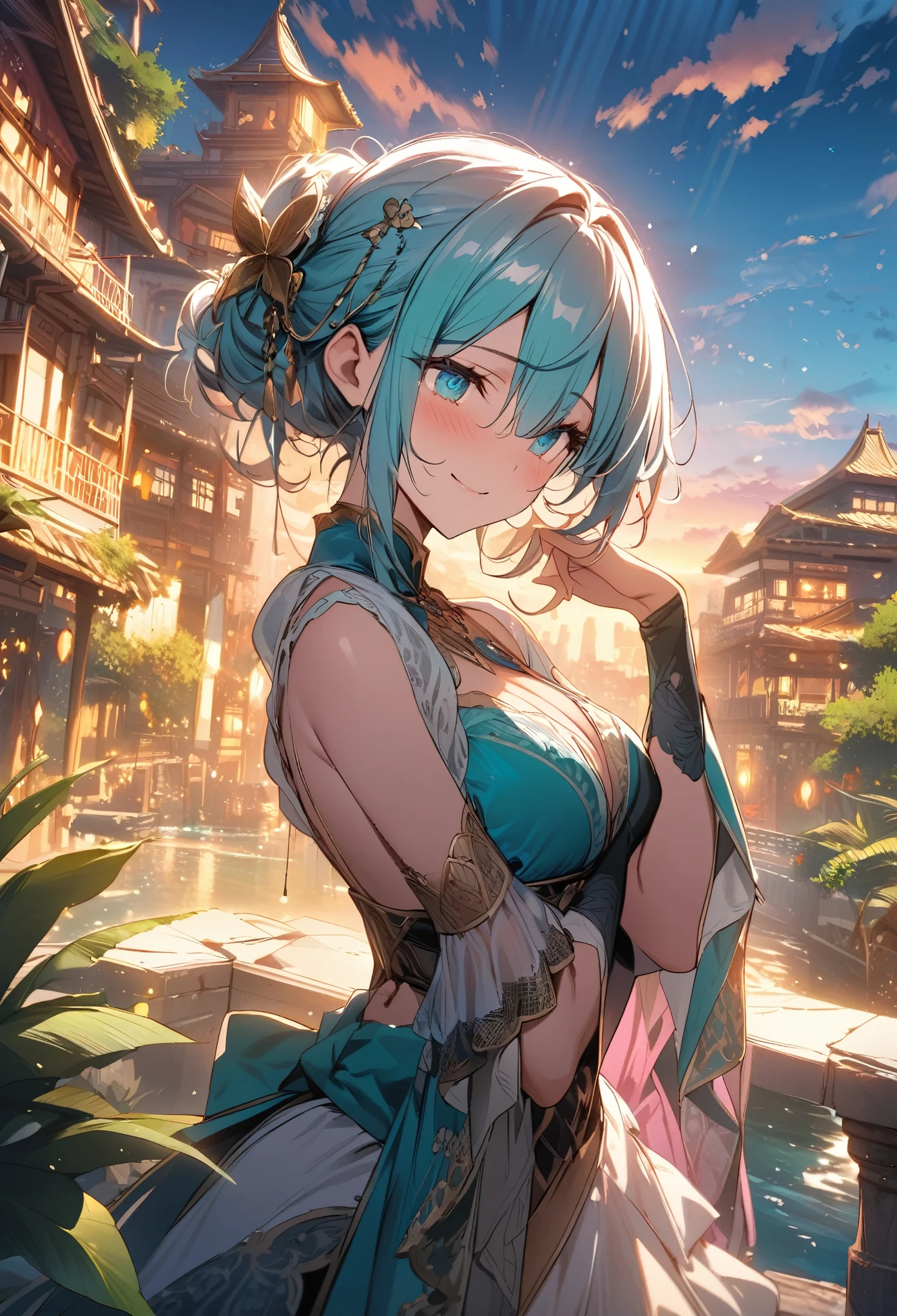 masterpiece, best quality, novel illustration, highres,
characters in dynamic poses, expressive emotions,
tone inspired by oriental culture, exotic settings,
vibrant colors, rich textures,
romantic tension between characters, sensual touches,
closeup of the heroine's smile, her eyes glistening with excitement,
wonderful lighting effects, capturing light and shadow,
innovative composition, breaking boundaries,
bringing out the best in each character,
striking visual impact, making an unforgettable impression,
lush background filled with details that bring the scene to life,
background consists of stunning turquoise waters, lush greenery, and colorful buildings,
golden sunsets, shimmering silver sands,
this story will surely entice readers with its fascinating plot and beautiful imagery,
unforgettable, breathtaking, enchanting, magical,
a masterpiece that captures the essence of love and desire,
making every reader dream about this world and wanting more.