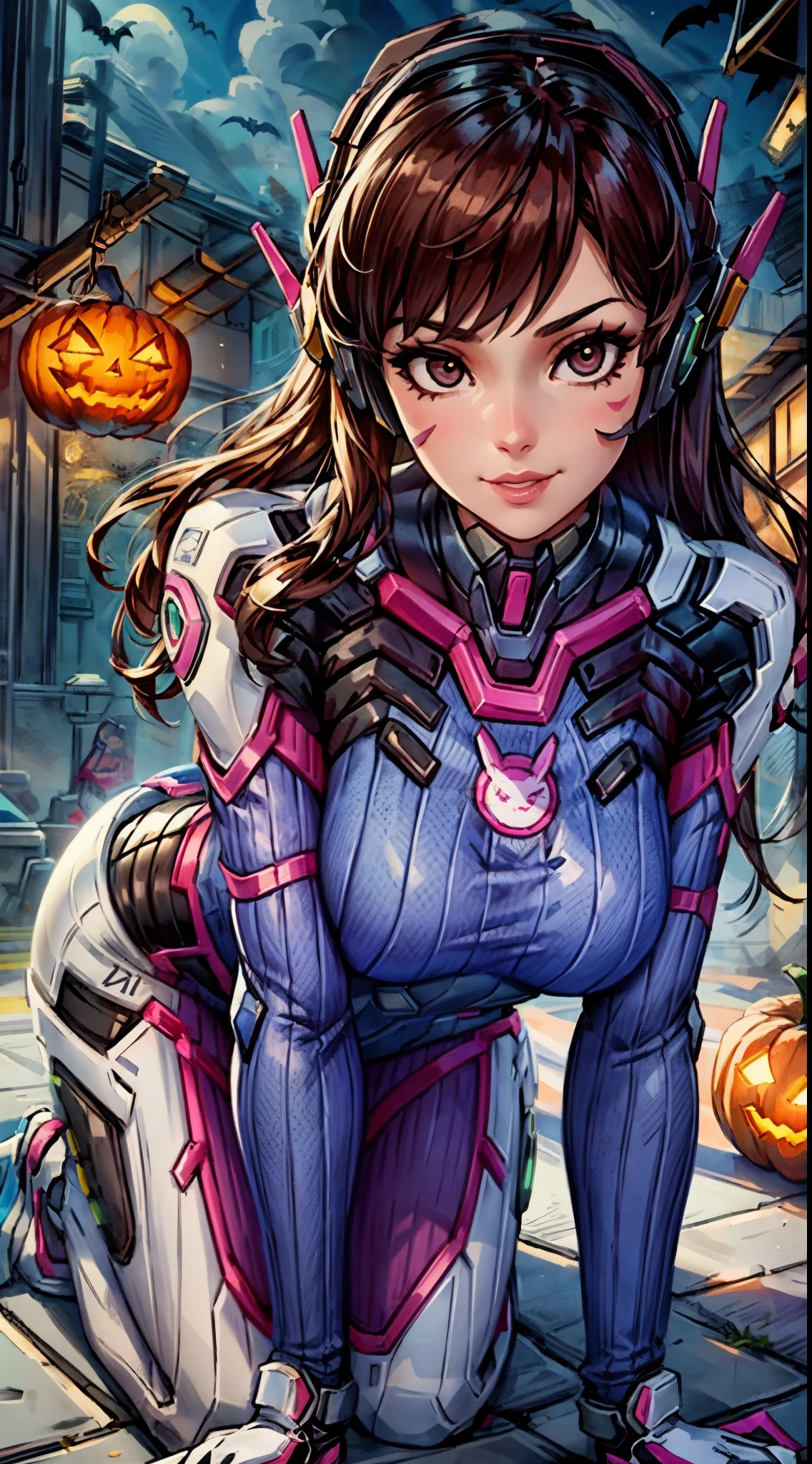 A girl ,from knee shot,cosplaying Dva from the game Overwatch, with a Halloween background. The portrait is of the highest quality (best quality, masterpiece:1.1) and has a realistic appearance (realistic:1.4). The focus is on the detailed depiction of the girl's face, specifically her beautiful eyes, detailed lips, and long eyelashes. The girl is dressed in a cosplay costume of the character Dva from Overwatch, and the scene is set against a Halloween-themed background. The colors of the portrait are vibrant and vivid. The lighting is well-balanced, highlighting the girl's features and creating a visually appealing atmosphere.,kneeling, show ass,smirk,full body pose,ass pose