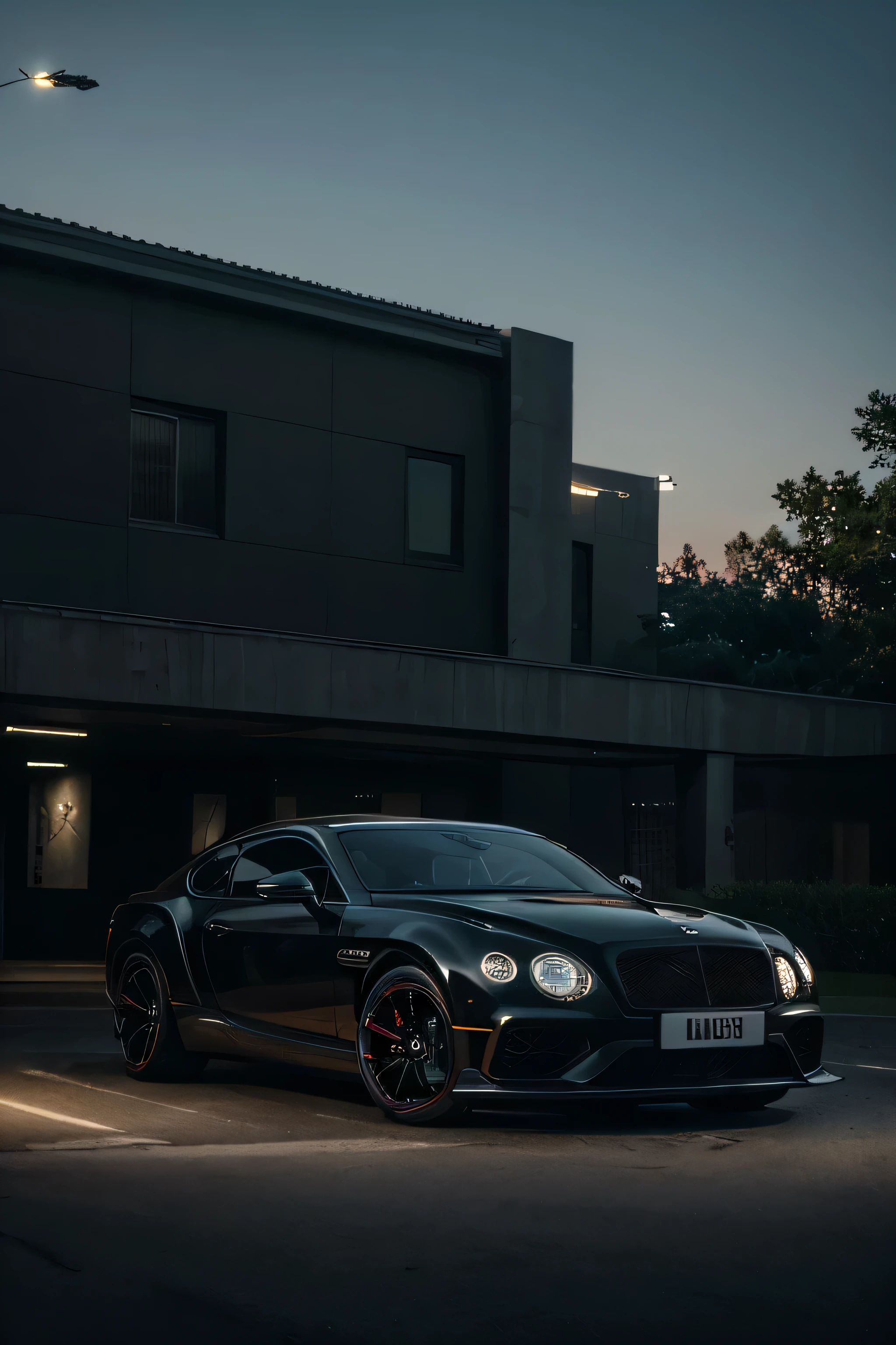(best quality,4K,highres,ultra-detailed,masterpiece:1.2),ultra-luxurious Bentley, with (sports body kit), (black) exterior, (forged wheels), (cyberpunk style), under the (twilight) sky
