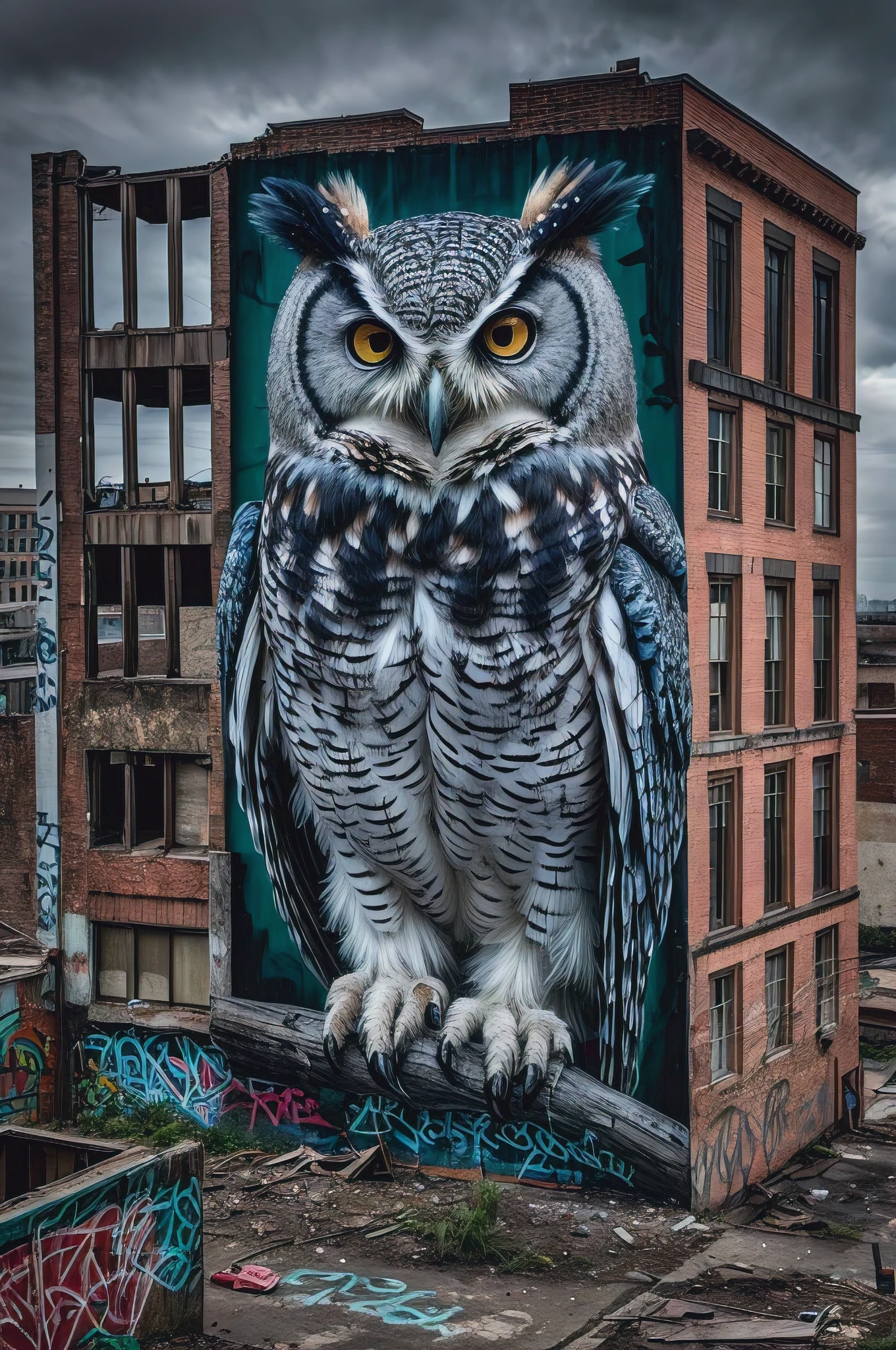 A striking hyperrealistic graffiti artwork of an owl, towering on the side of an abandoned building in downtown. The owl's eyes are a mesmerizing blend of blues and greens, with intricate details and shading adding depth to its feathers. The background features a dilapidated urban landscape with graffiti-clad walls and broken windows, evoking a sense of decay and urban exploration. The overall atmosphere is a blend of haunting beauty and raw expression., photo, architecture, graffiti