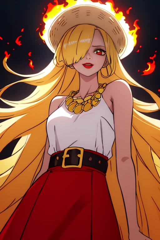 Beautiful anime girl, solo, 1girl, looking at viewer, cute, beautiful, red eyes, long hair, open hair, blonde hair, strawhat, one piece, smiling, smooth skin, light skin, red lips, anime, best quality, masterpiece, extremely detailed, 4k, red eyes, beautiful red eyes, detailed face, detailed eyes, black bra, red open shirt, black skirt, golden belt, golden necklace, golden earings, standing, fiery background, stable eyes, extremely beautiful, highres, high quality eyes, hair covering one eye, fire powers, wanostyle, ((masterpiece)), (best quality), (extremely detailed), depth of field, sketch, dark intense shadows, sharp focus, soft lighting, hdr, colorful, good composition, spectacular, anime screencap, 