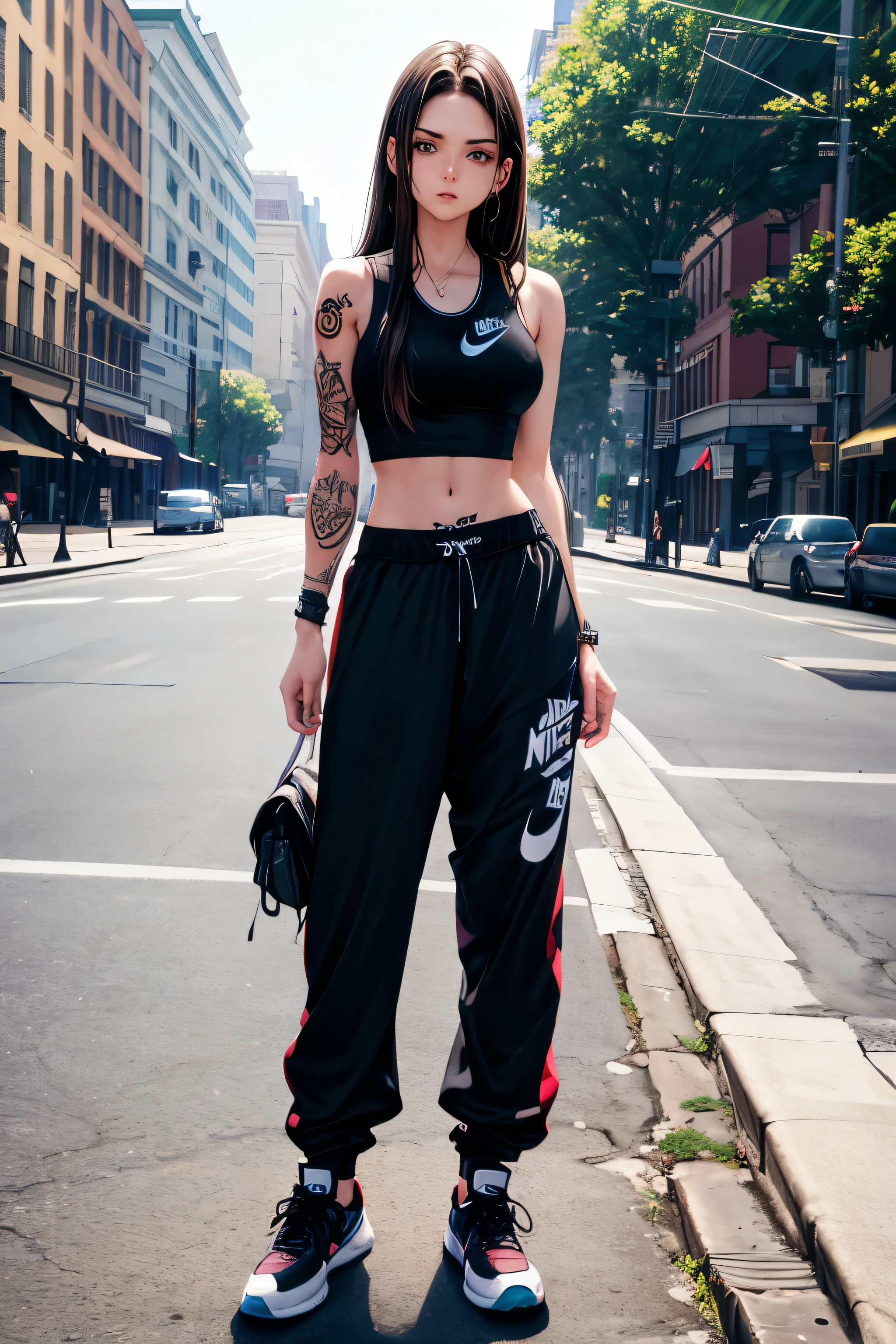 Brunette about 20 years old. Tattooed all over her body. Dressed in sweatpants and a tank top, shoes in nike air jordan. Standing on the street in the middle of an empty park, waist-length hair