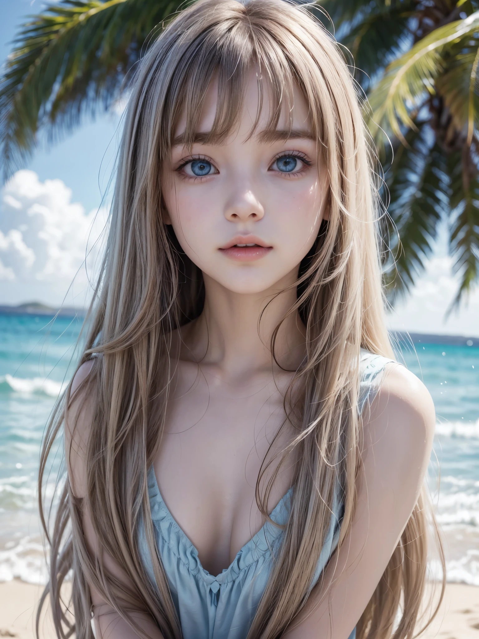 Wind hair clinging to a very beautiful face、Beautiful eyes hidden in hair、Very shiny and very cute beautiful face、shiny very beautiful skin、So beautiful cute sexy shining beautiful pale light blue eyes、Beautiful very long shiny silky red hair、Beautiful swaying bangs、Sexy very beautiful girl、Beautiful fece&Cute sexy eyes、Pure white beautiful skin、in the beach