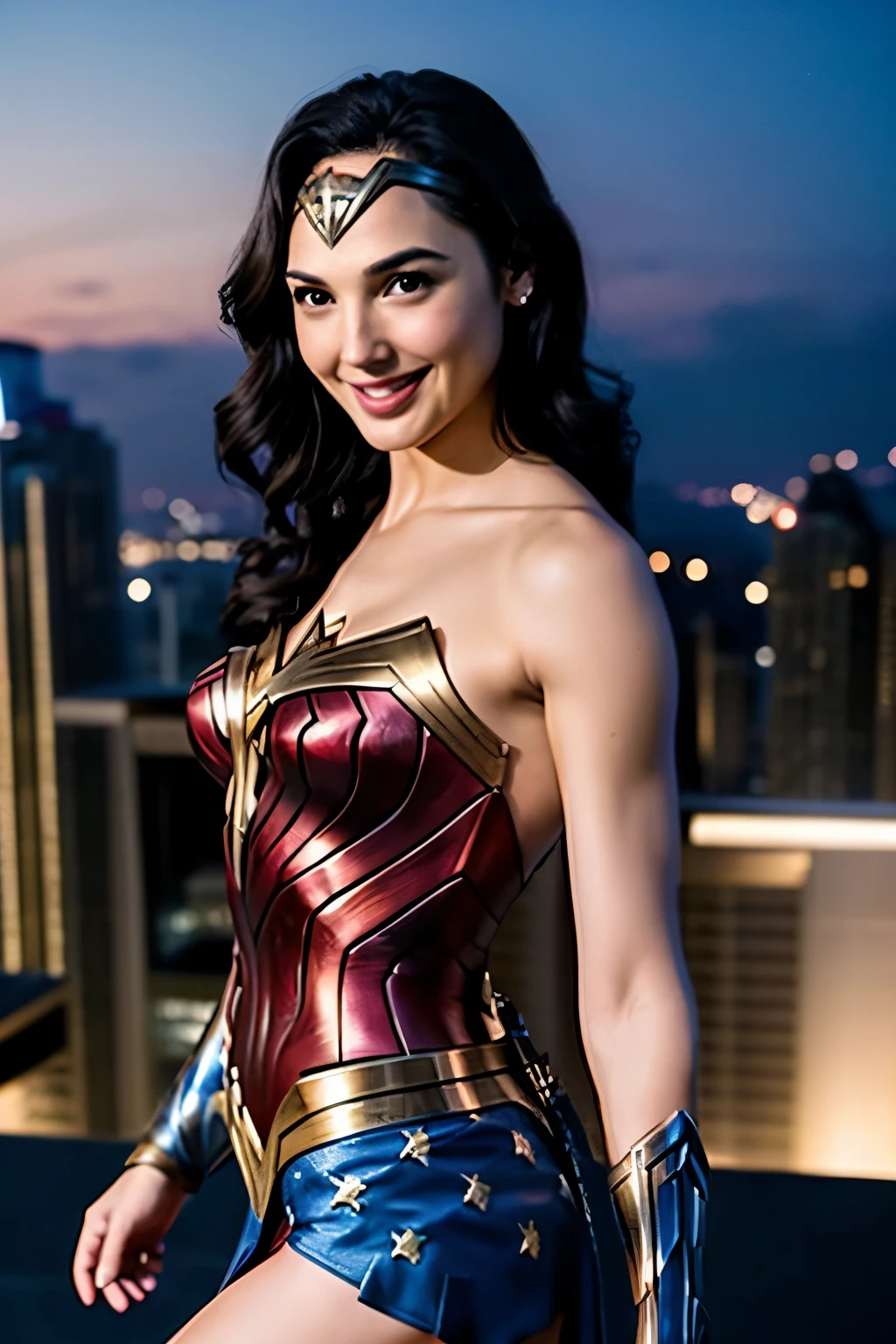 Gal Gadot、Wonder Woman、Smiling with teeth showing、Arms crossed、Sexy Body、In the middle of the city