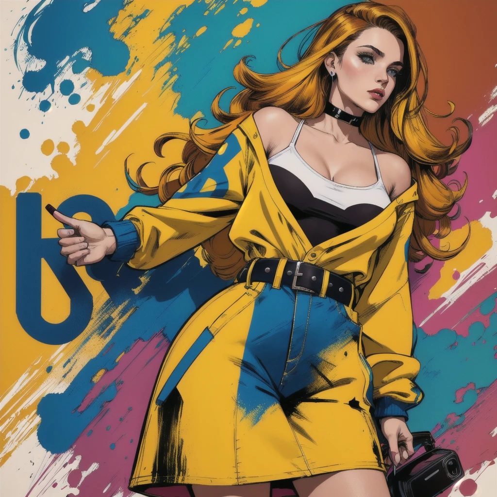 uma mulher com roupas coloridas e fones de ouvido, no estilo de detalhes comics americano, retratos detalhados, airbrush art, classic americano, dark amber and blue, amarelo e vermelho