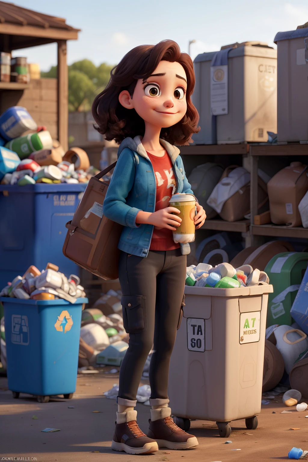 A photograph of a person at a recycling site leaving a beverage can in their hand in a trash can, cara detallada, ropa discreta, retrato, 8k hd, alta calidad
