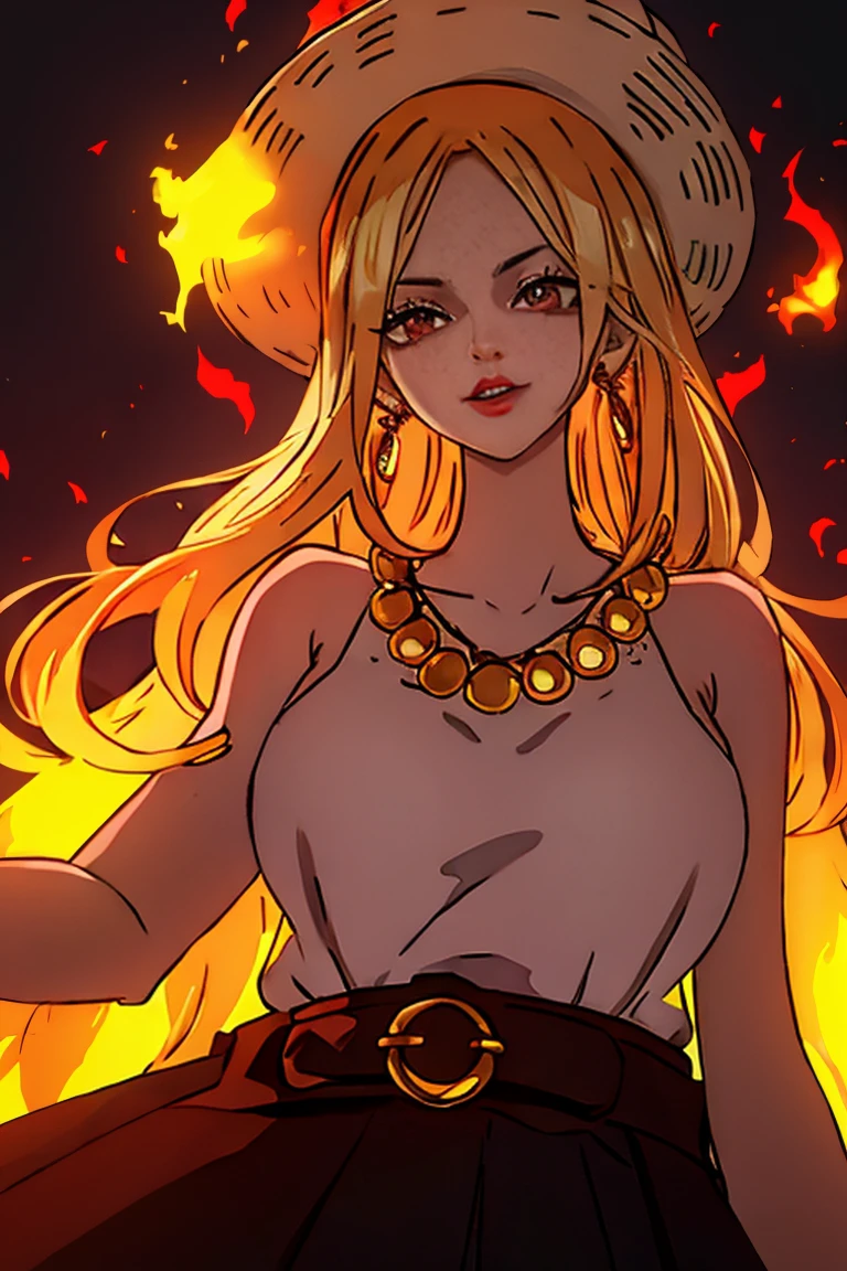 Beautiful anime girl, solo, 1girl, looking at viewer, cute, beautiful, red eyes, long hair, open hair, blonde hair, strawhat, one piece, smiling, smooth skin, light skin, red lips, anime, best quality, masterpiece, extremely detailed, 4k, red eyes, beautiful red eyes, detailed face, detailed eyes, black bra, red open shirt, black skirt, golden belt, golden necklace, golden earings, standing, fiery background, stable eyes, extremely beautiful, highres, high quality eyes, hair covering one eye, fire powers, wanostyle, ((masterpiece)), (best quality), (extremely detailed), depth of field, sketch, dark intense shadows, sharp focus, soft lighting, hdr, colorful, good composition, spectacular, anime screencap,