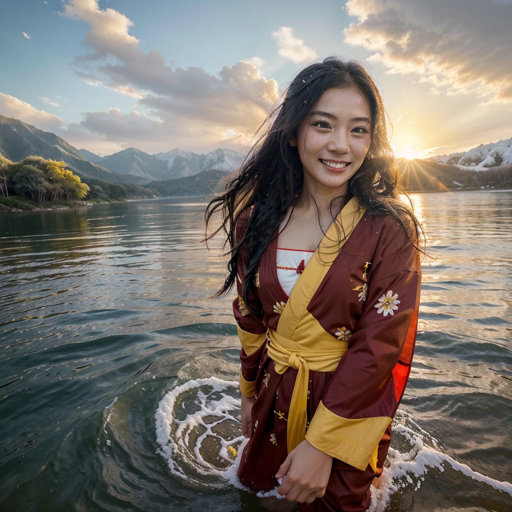Beautiful Thai woman with sparkling eyes and a bright smile in blink red japanese kimono dress surf inside a wave in the lake in mountain; vibrant yellow surfboard; giant wave; hard snow fall; wet hair; middle-long black hair; wet face; view from the sky; masterpiece; sunrise light;