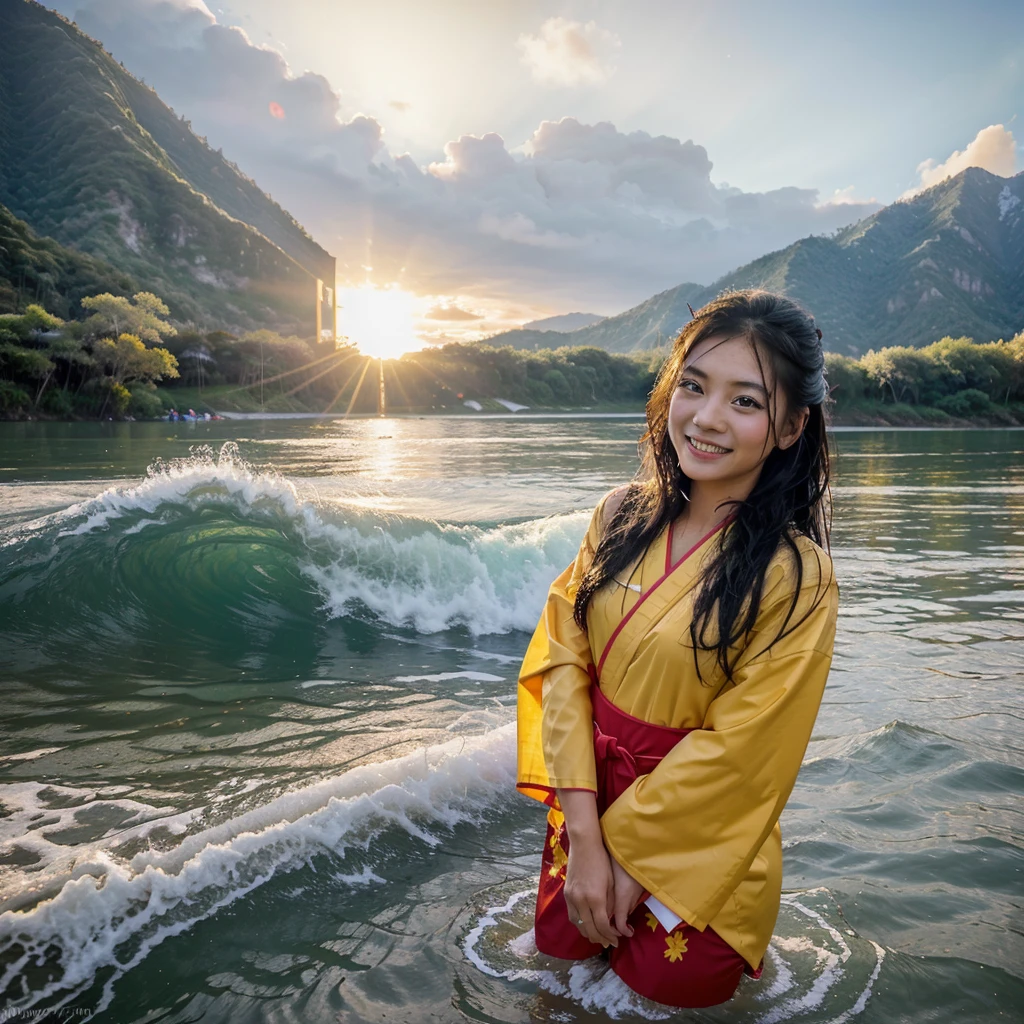 Beautiful Thai woman with sparkling eyes and a bright smile in blink red japanese kimono dress surf inside a wave in the lake in mountain; vibrant yellow surfboard; giant wave; hard snow fall; wet hair; middle-long black hair; wet face; view from the sky; masterpiece; sunrise light;