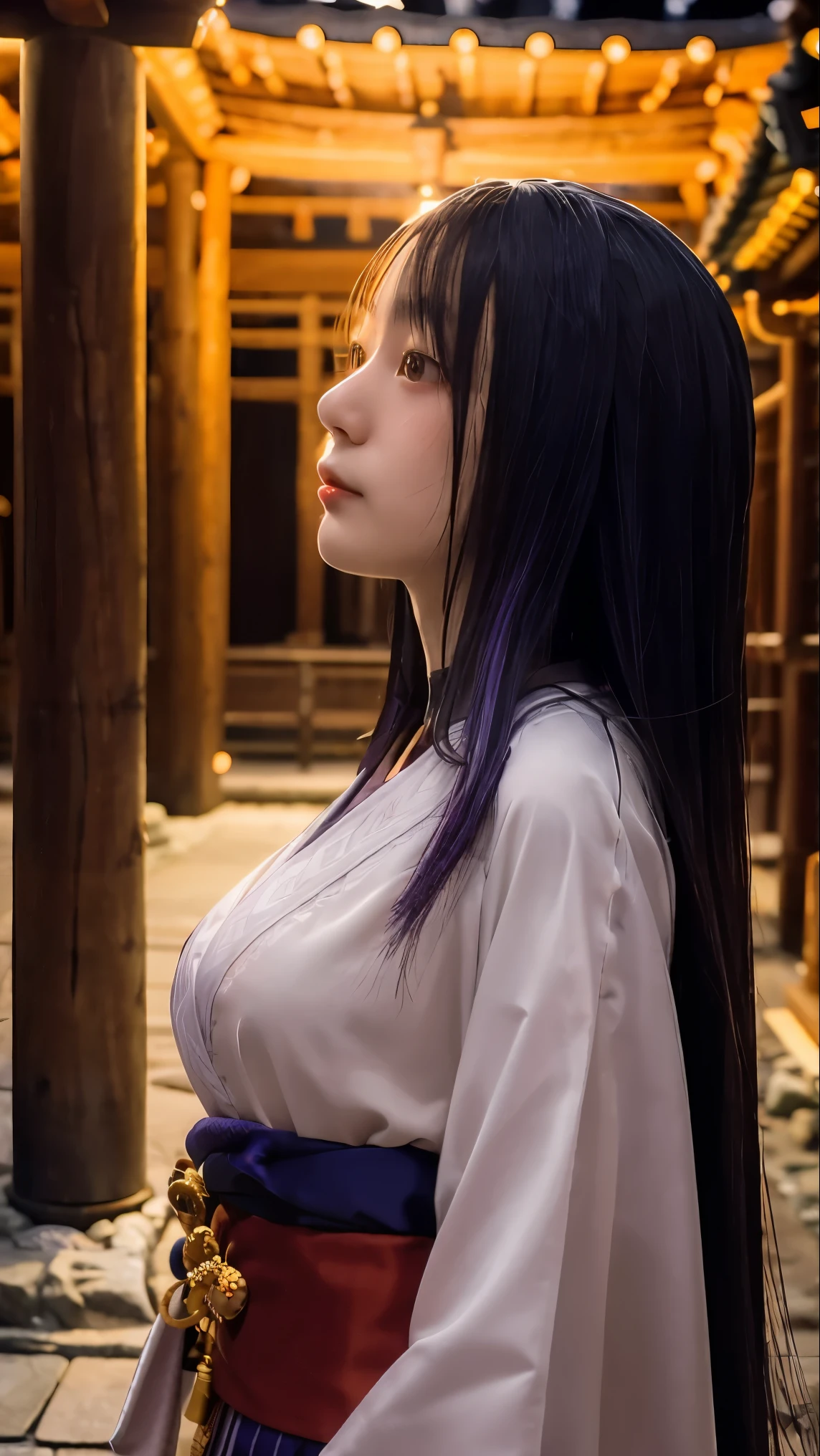 A sexy&cool woman in the temple at night,raiden shogun,purple hair,long hair,
huge filesize,artbook,Cinematic Lighting,medium breasts,miko,kimono,japanese_clothes,short_kimono,portrait,, (masterpiece, high resolution, best quality:1.4, breathtaking, ultra detailed)