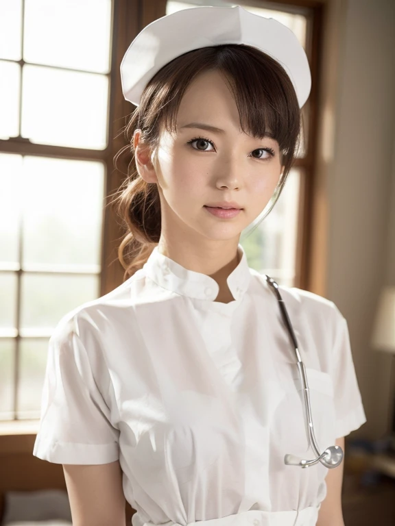 1 girl,(Wearing white nurse clothes:1.2),(RAW Photos, highest quality), (Realistic, photo-Realistic:1.4), masterpiece, Very delicate and beautiful, Very detailed, 2k wallpaper, wonderful, finely, Very detailed CG unity 8k wallpaper, Very detailed, High resolution, Soft Light, Beautiful detailed girl, Very detailed eyes and face, Beautiful and detailed nose, finely beautiful eyes, Perfect Anatomy, Black Hair, Upstyle, nurse uniform, ((nurse cap)), Long skirt, nurse, White costume, thin, hospital, clear, White Uniform, hospital room, Neck auscultation,