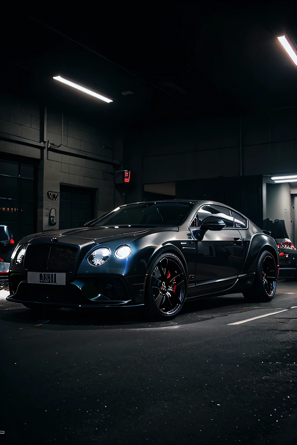 create a luxurious Bentley, with a sports body kit, black, forged wheels, cyberpunk style, twilight, 4K