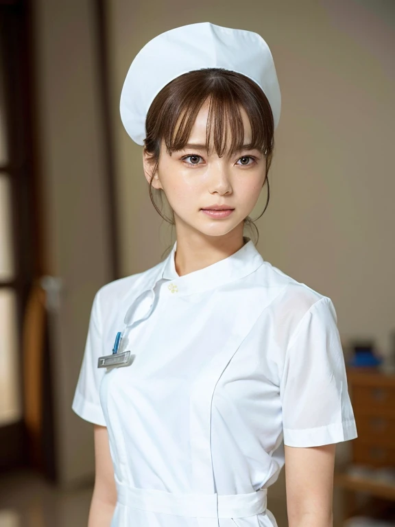 1 girl,(Wearing white nurse clothes:1.2),(RAW Photos, highest quality), (Realistic, photo-Realistic:1.4), masterpiece, Very delicate and beautiful, Very detailed, 2k wallpaper, wonderful, finely, Very detailed CG unity 8k wallpaper, Very detailed, High resolution, Soft Light, Beautiful detailed girl, Very detailed eyes and face, Beautiful and detailed nose, finely beautiful eyes, Perfect Anatomy, Black Hair, Upstyle, nurse uniform, ((nurse cap)), Long skirt, nurse, White costume, thin, hospital, clear, White Uniform, hospital room, Neck auscultation, ((Upper Body))