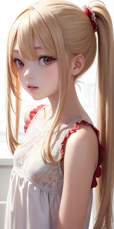 Top quality masterpiece illustrations、Blonde hair and red eyes、Girl in white dress looking up、Beautiful face with hair in side ponytail at upper body angle is fair.。