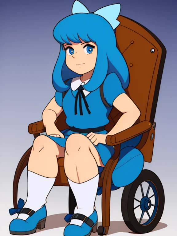 Solo cuerpo completo, ,clara sesemann,pelo rubio,Cinta para el pelo,blue eyes,vestido azul,, Sentado en silla de ruedas, volando por el espacio